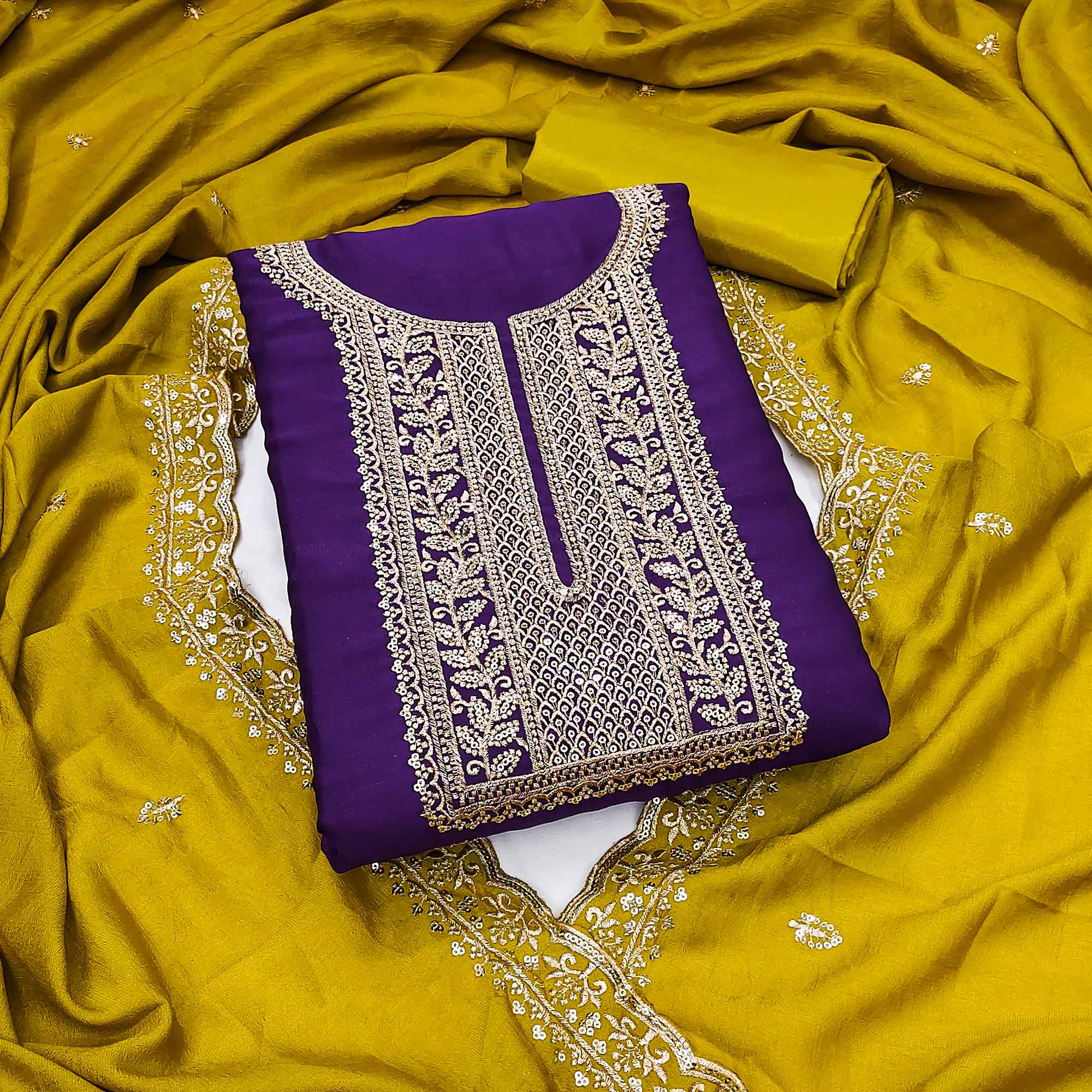 Peachmode Purple Floral Sequins Embroidered Vichitra Silk Dress Material