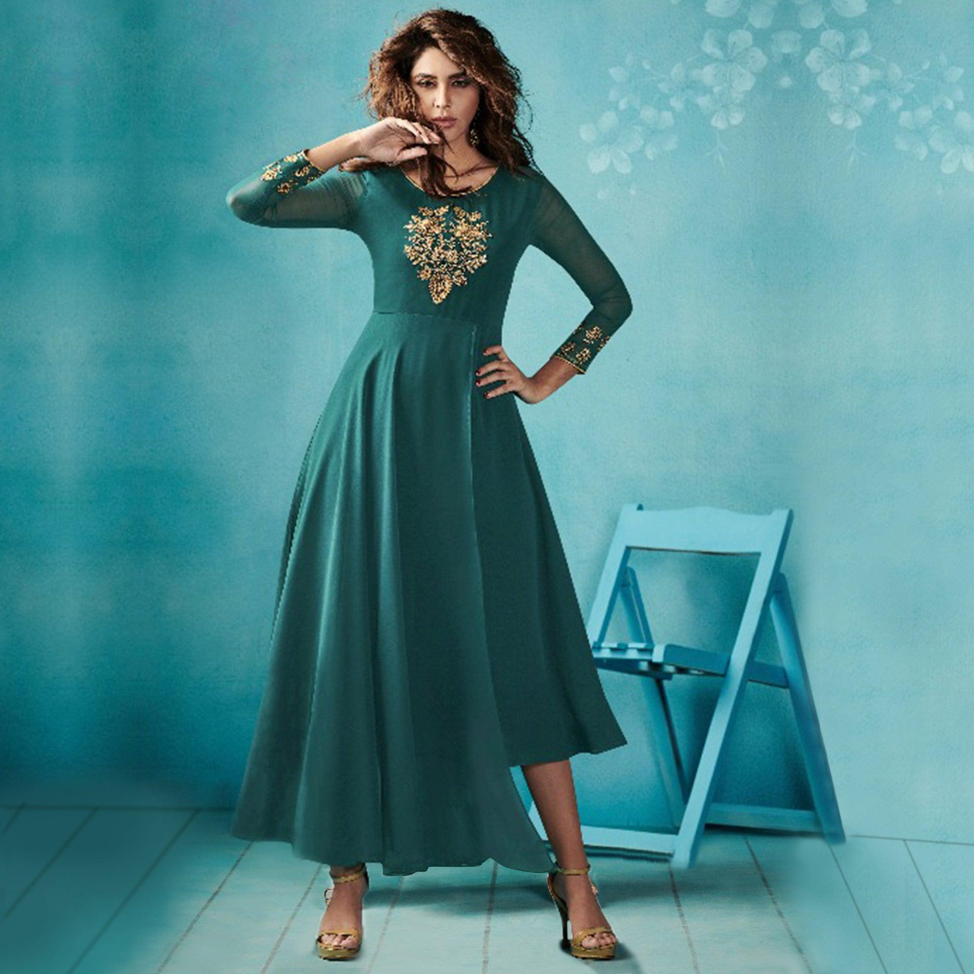 Peachmode Seller Capricious Stone Blue Colored Embroidered Party Wear Faux Georgette Kurti