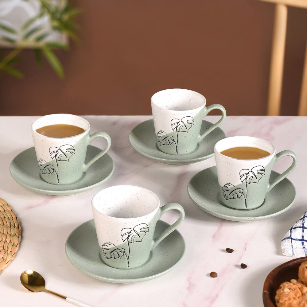 Nestasia Serene Tropics Ceramic Tea Cup Saucer Set Of 4 Sage 225ml