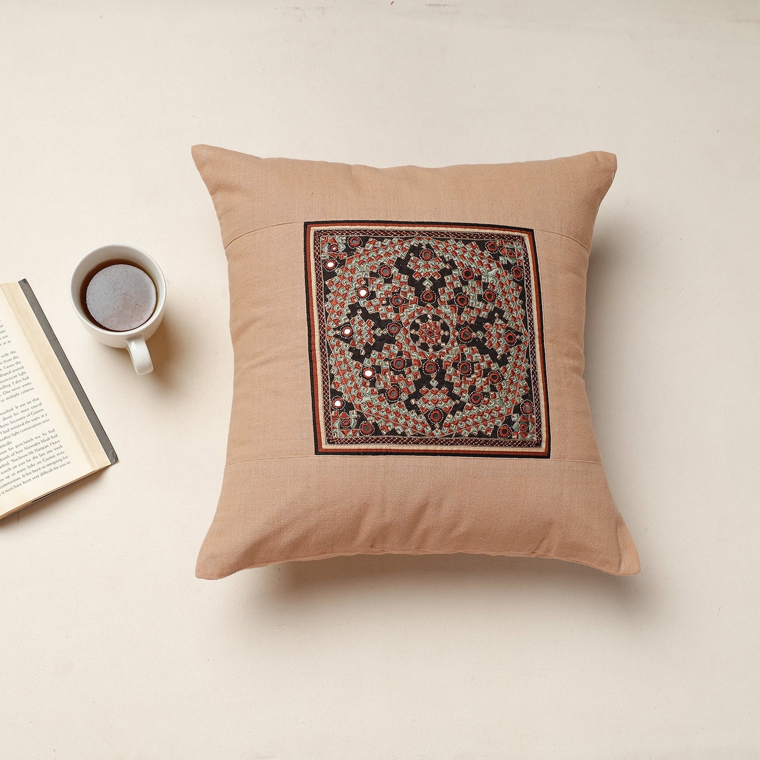 QASAB Beige - Kutch Neran Hand Embroidery Cotton Cushion Cover (16 x 16 in)