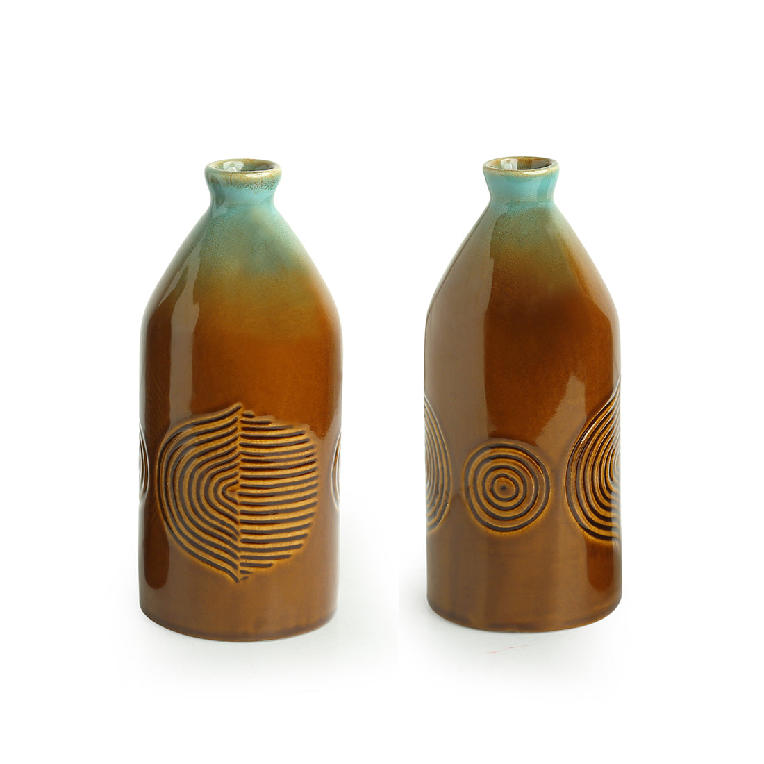 EXCLUSIVELANE 'Peacock Boulevard' Hand-Engraved Ceramic Vases (Set of 2, 8 Inch) - view 2