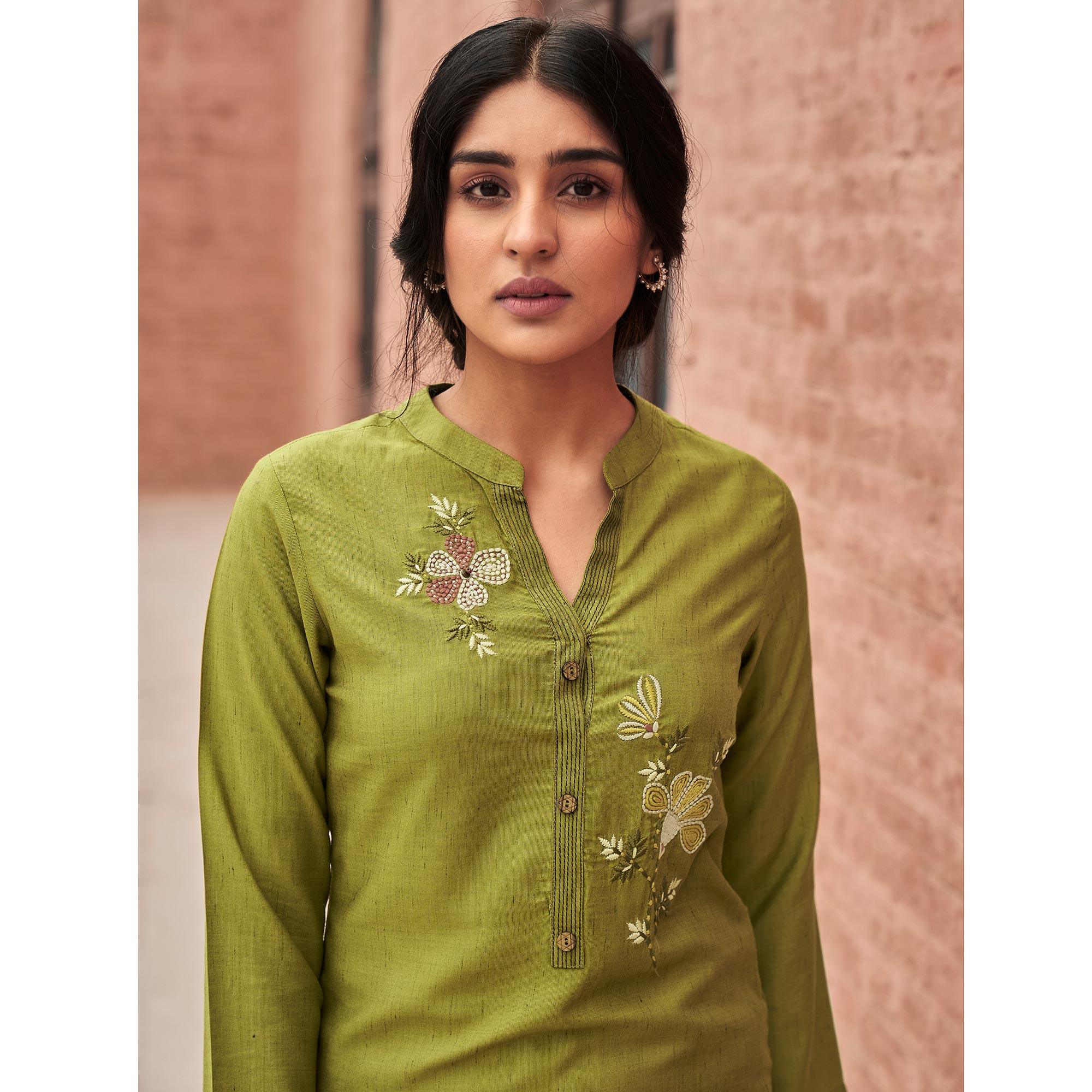Peachmode Engrossing Green Colored Partywear Embroidered Pure Viscose Kurti - view 2