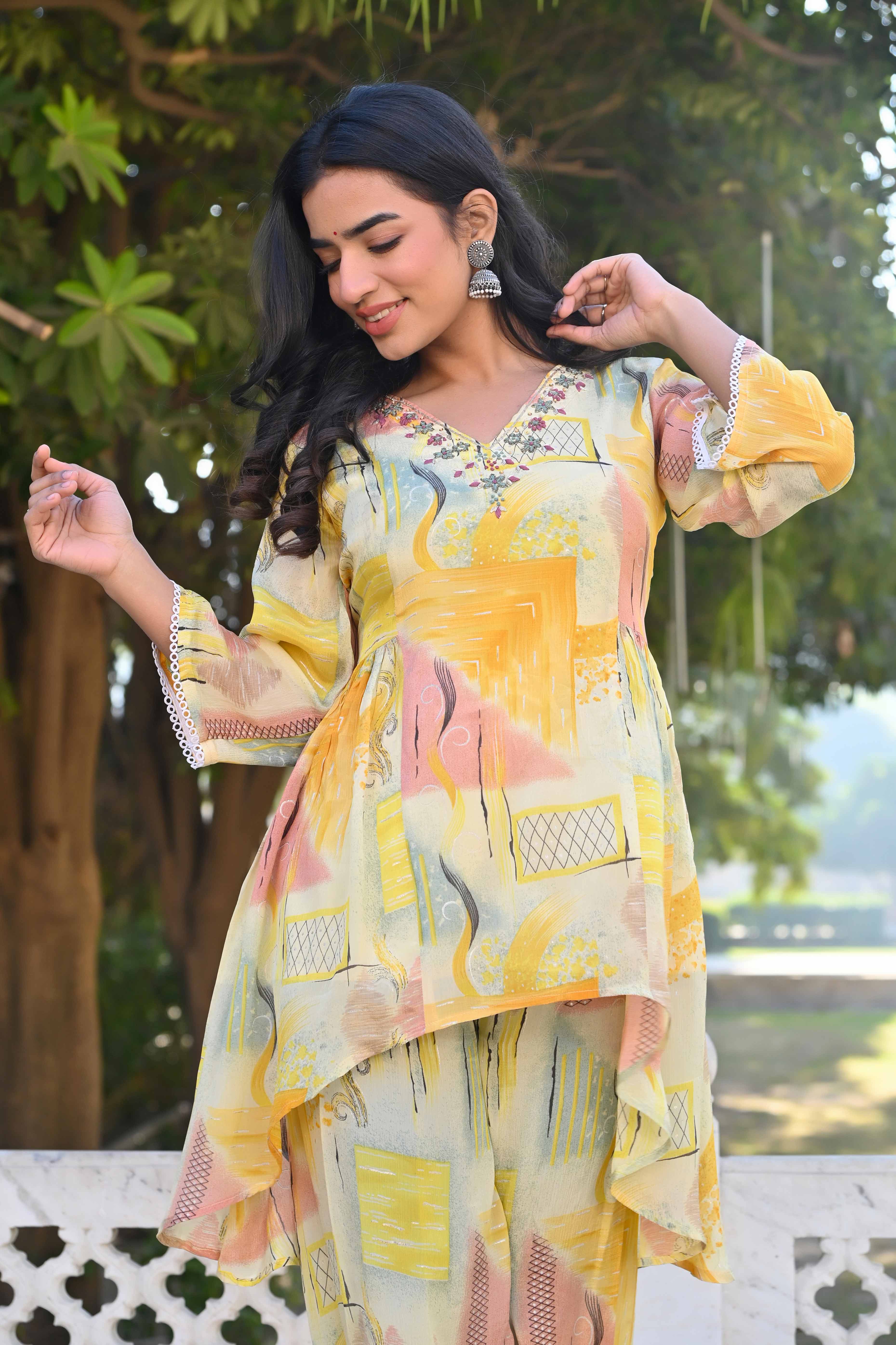 Peachmode Cream & Yellow Printed With Embroidered Pure Chinon A-Line Co-Ord Set - view 7