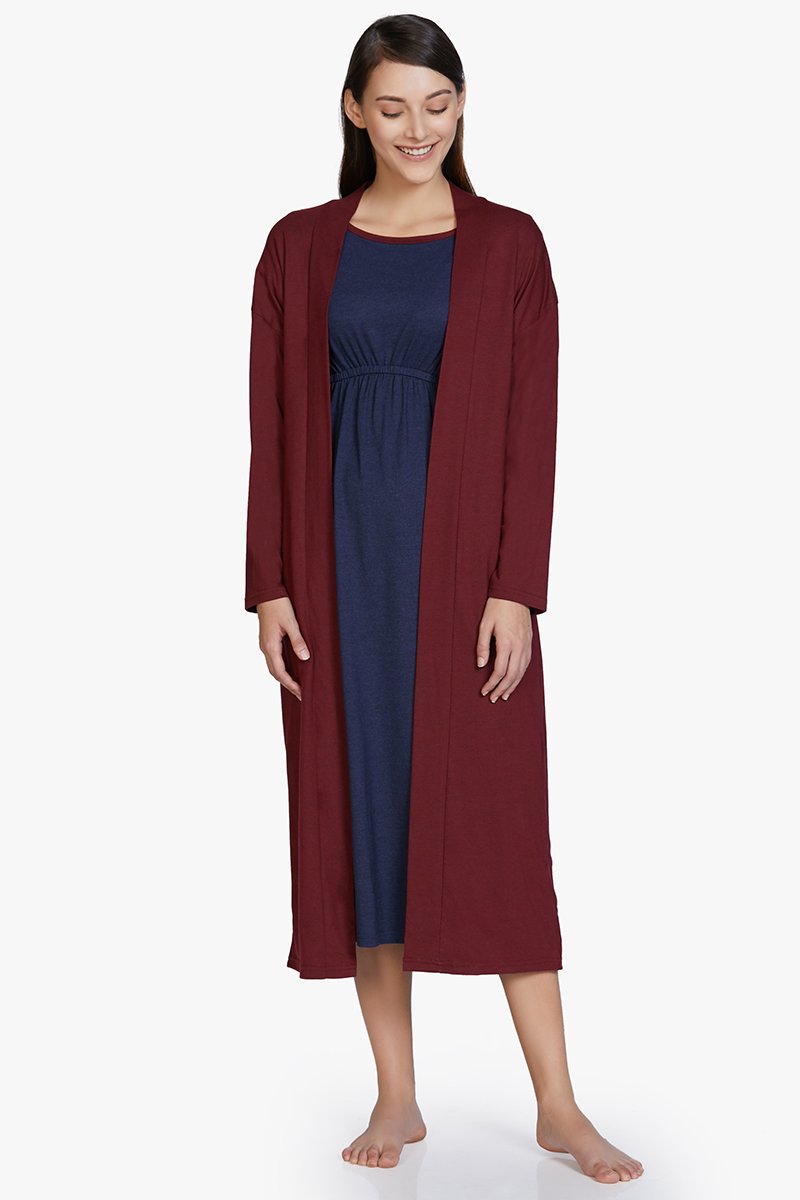 Amante Cotton Blend Sleep Robe - Maroon