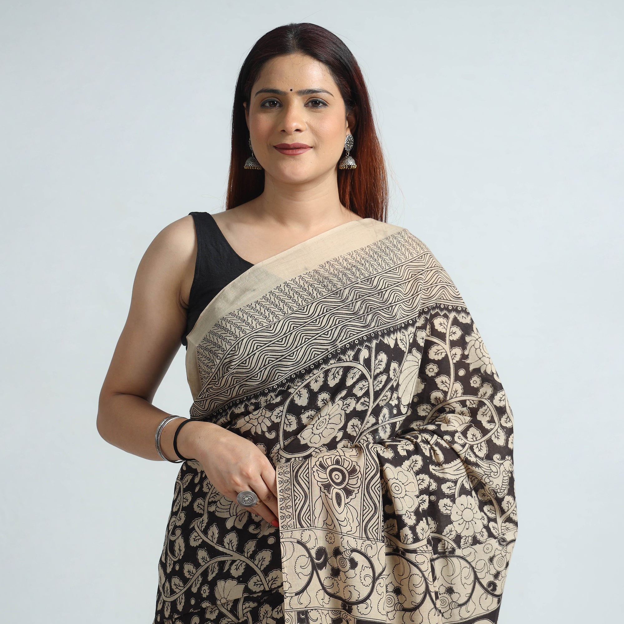 SOUTH KARGHA Black - Kalamkari Printed Cotton Saree with Blouse Piece 01 - view 3