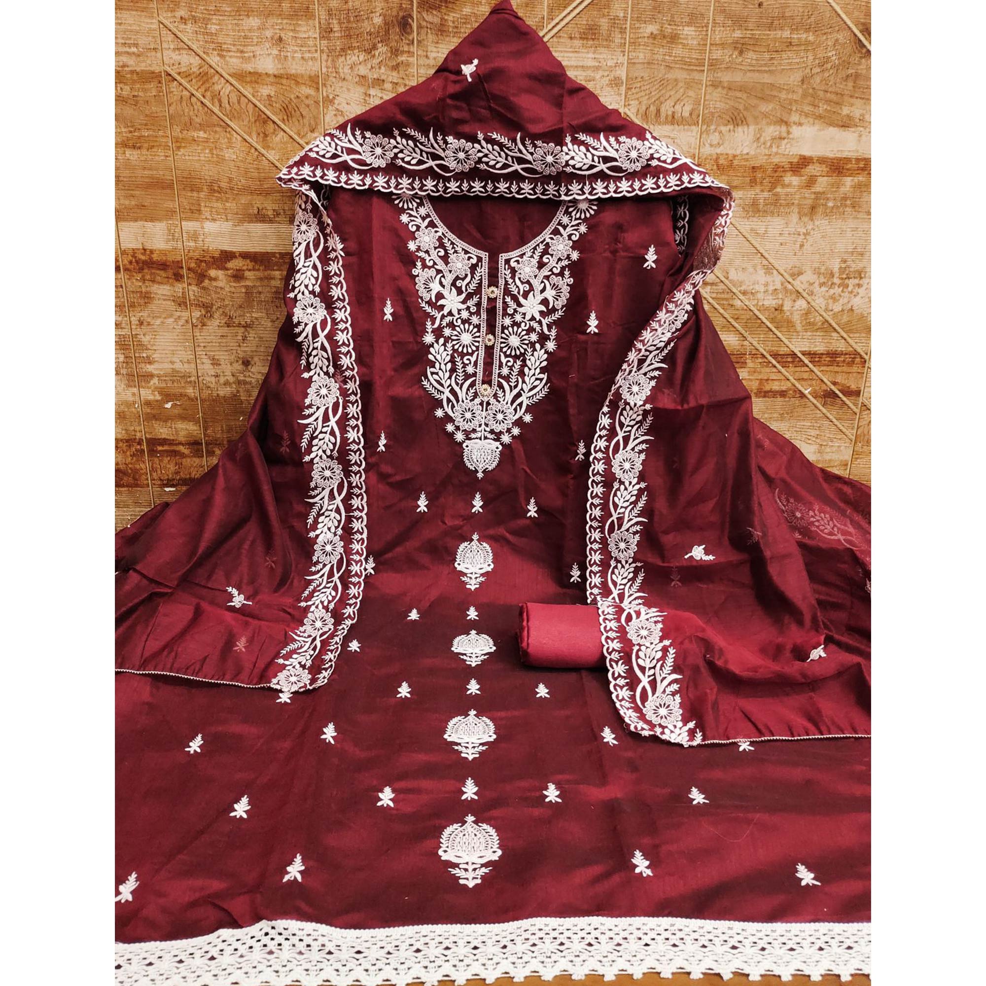 Peachmode Maroon Floral Embroidered Chanderi Dress Material - view 3