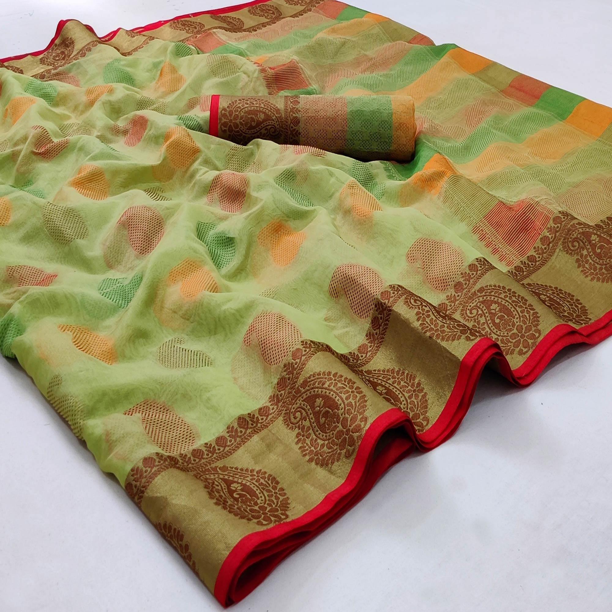 Peachmode Light Pista Green Festive Wear Woven Rich Pallu Organza Saree