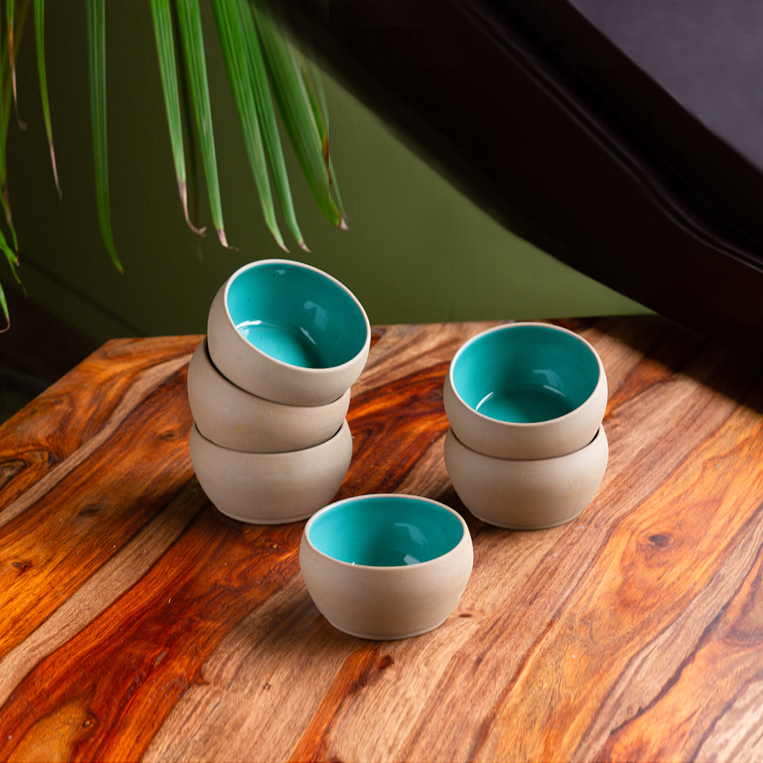 EXCLUSIVELANE 'Earthen Turquoise' Hand Glazed Dining Bowl Katoris In Ceramic (Set of 6, 180 ML, Microwave Safe)