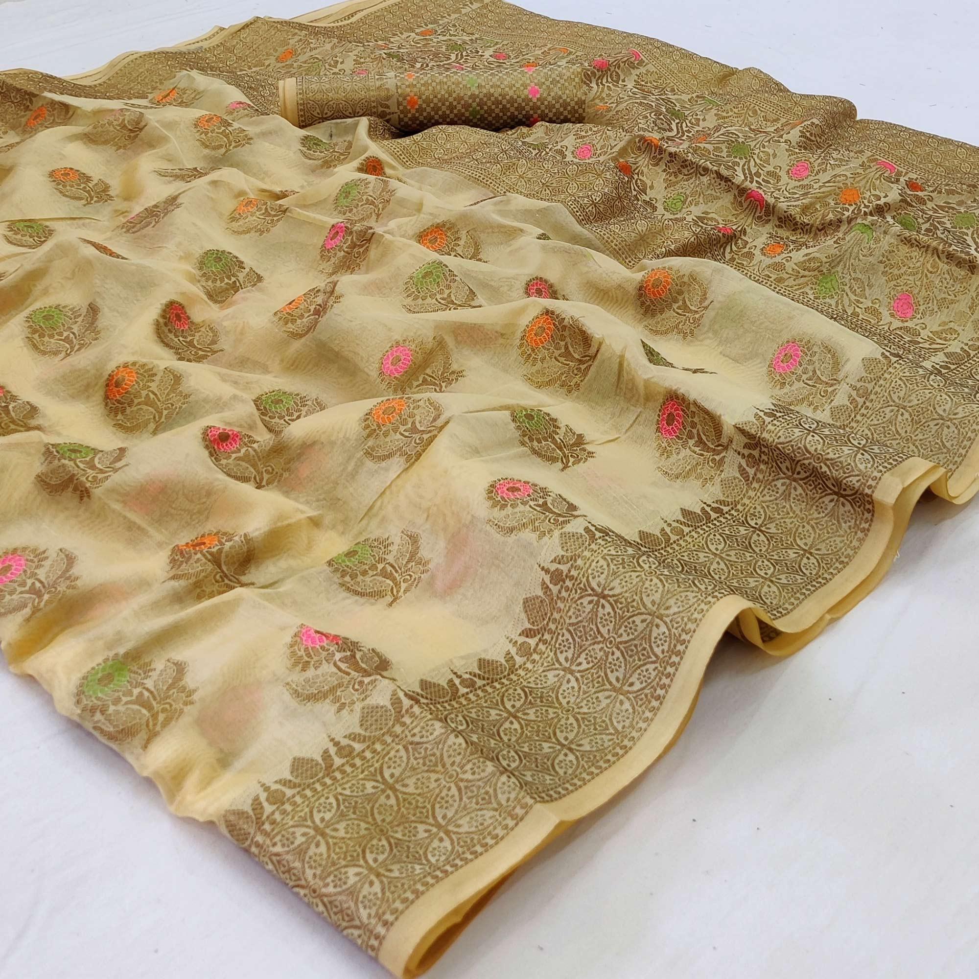 Peachmode Chikoo Woven Organza Saree – Women's