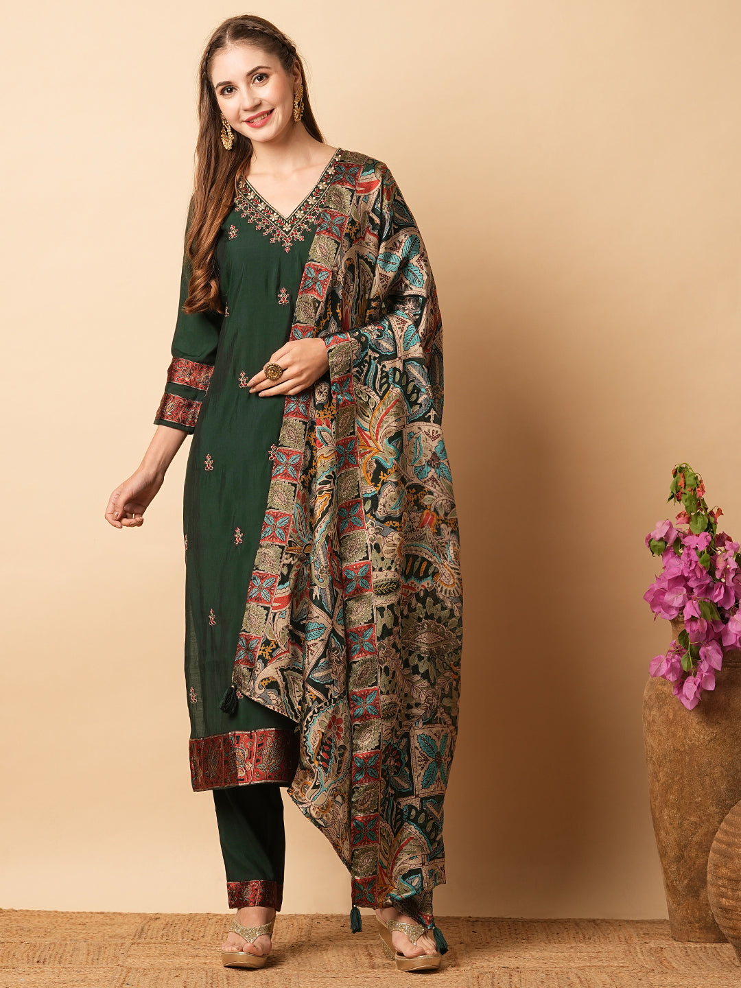 Fashor Solid Resham Embroidered Kurta with Pants & Printed Brasso Dupatta - Green