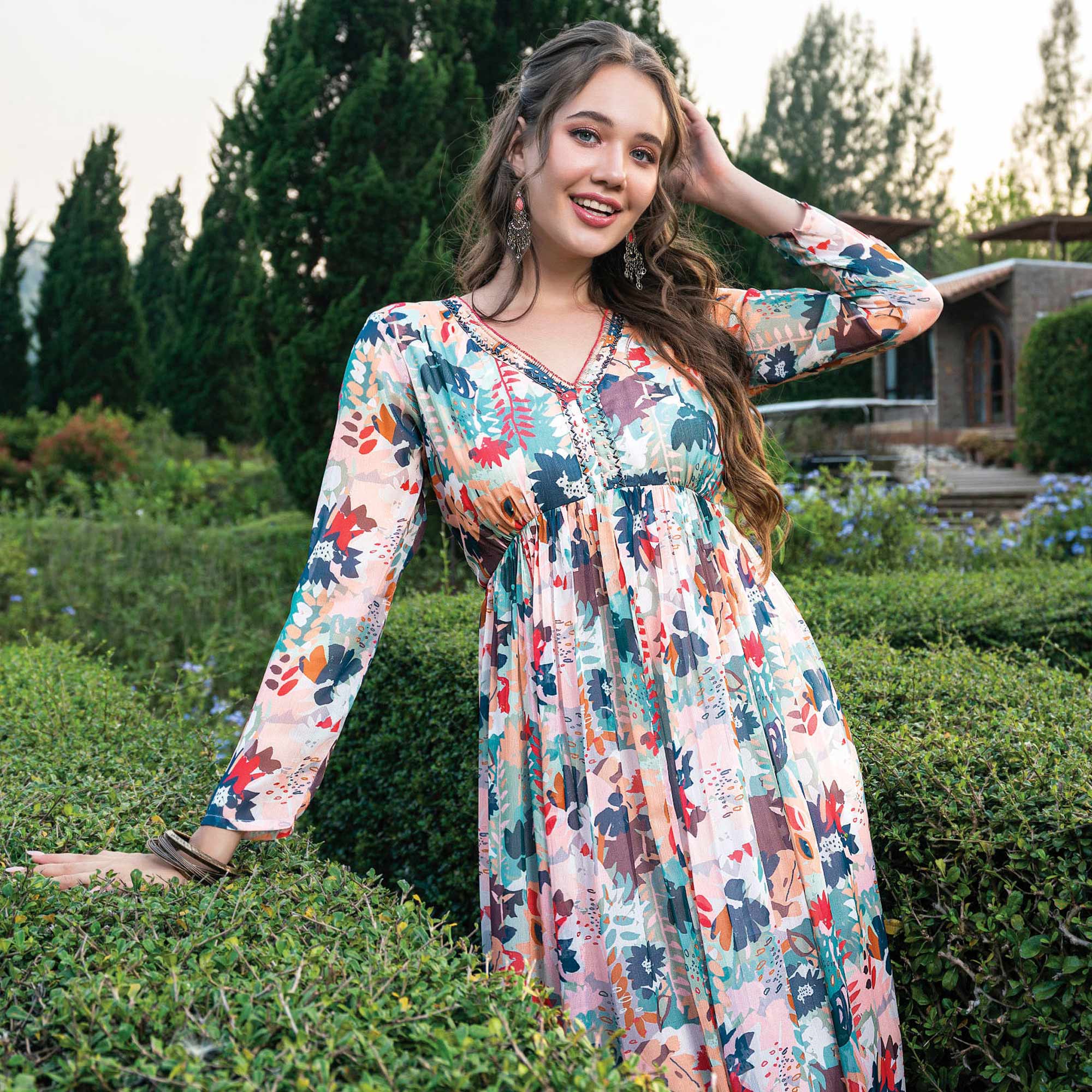 Peachmode Cream & Multicolor Printed With Handwork Chiffon Dress - view 4
