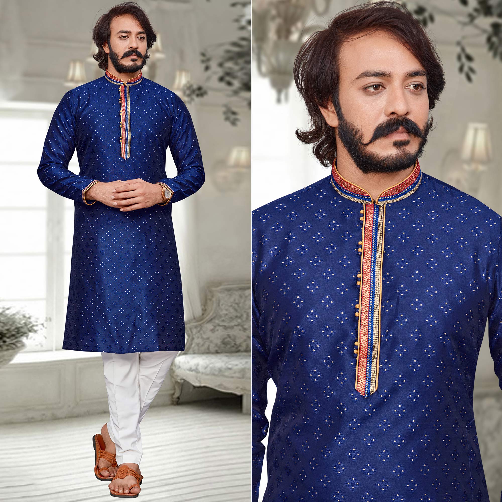 Peachmode Seller Blue Woven Jacquard Kurta Pyjama Set