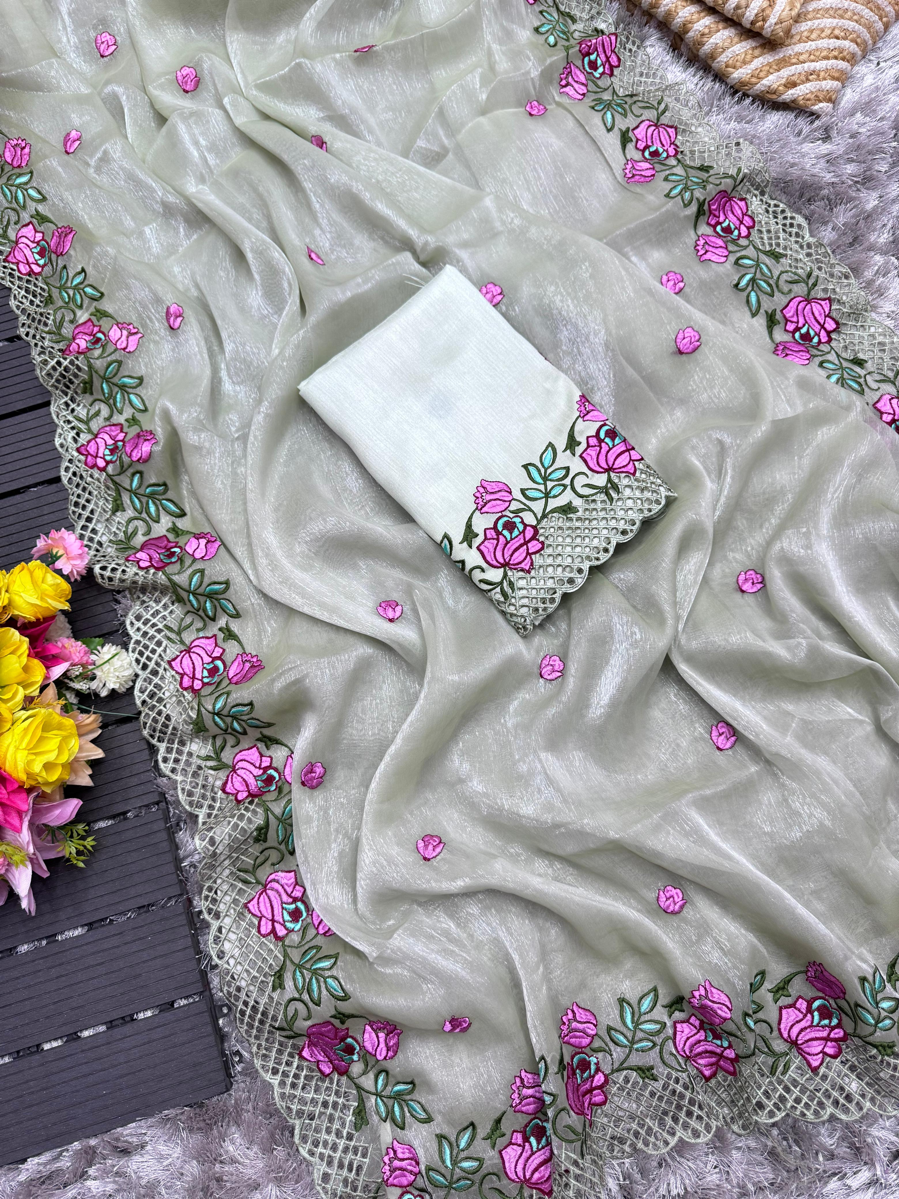 ClothsVilla Grey Crush Silk Saree with Intricate Floral Embroidery & Matching Blouse