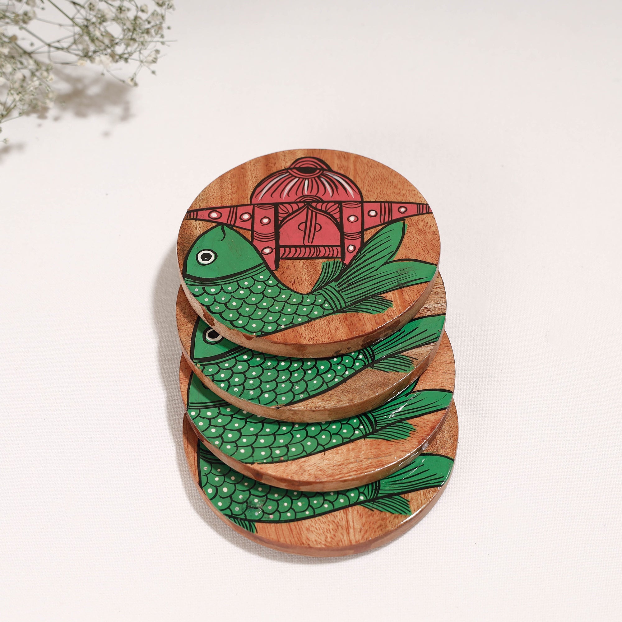 ITOKRI CRAFTS INITIATIVE Bengal Patua Handpainted Akashmoni Wooden Coasters (Set of 4) - view 2