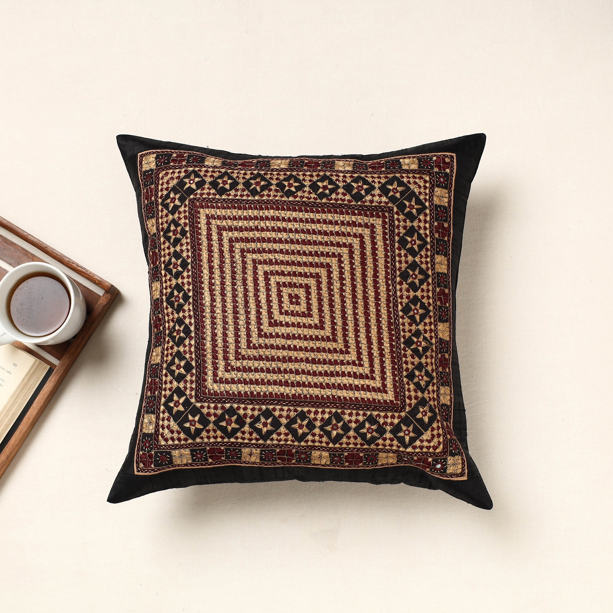 QASAB Black - Kutch Neran Hand Embroidery Silk Cushion Cover (16 x 16 in)