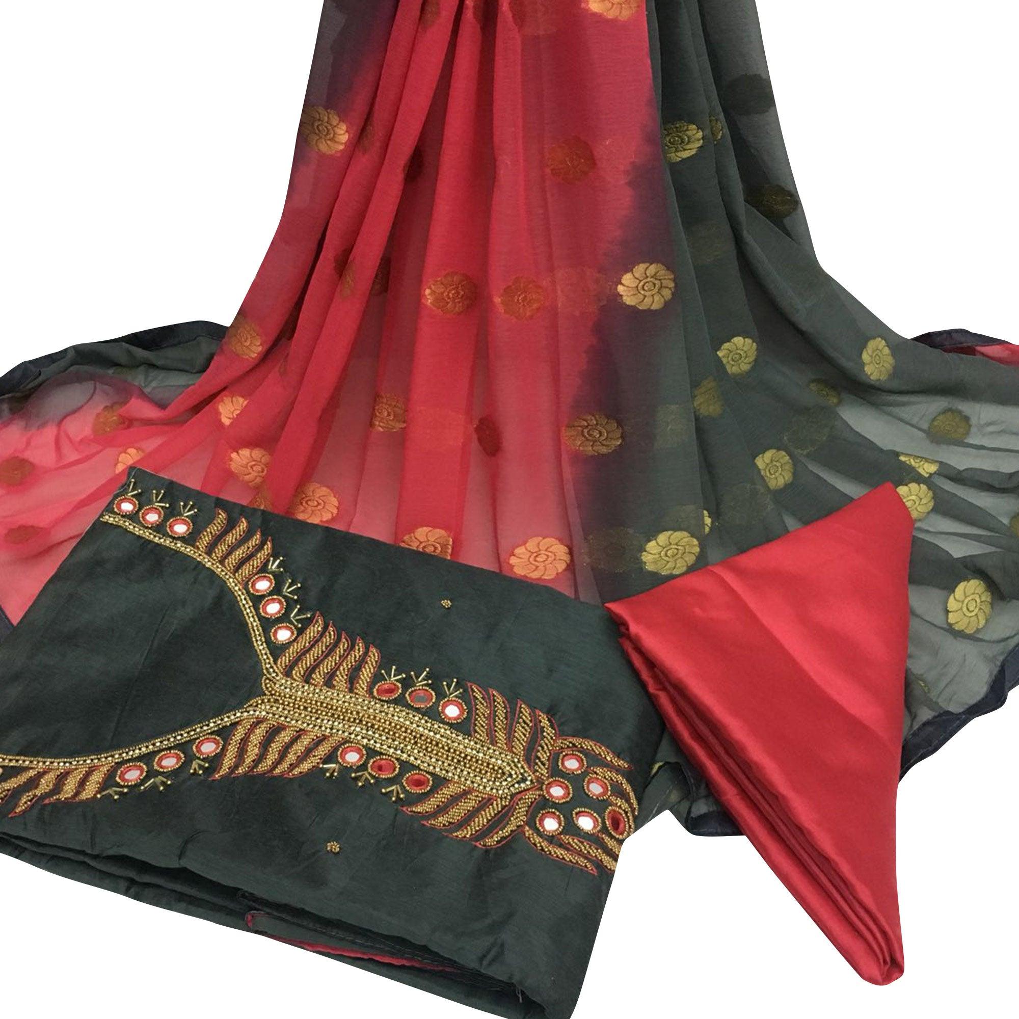 Peachmode Dark Gray Embroidered Santoon Dress Material