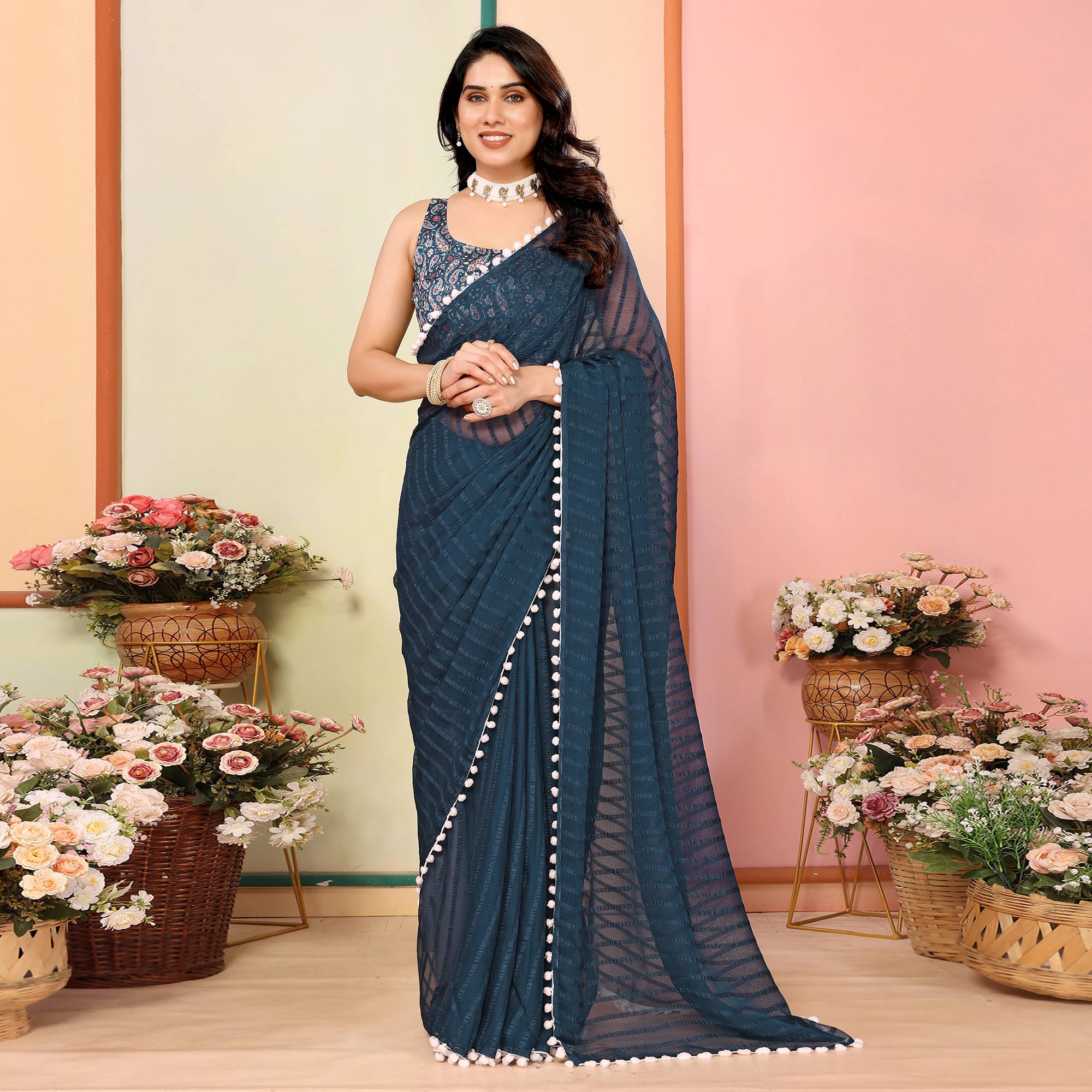 Peachmode Teal Woven Striped Pattern Georgette Saree - view 2