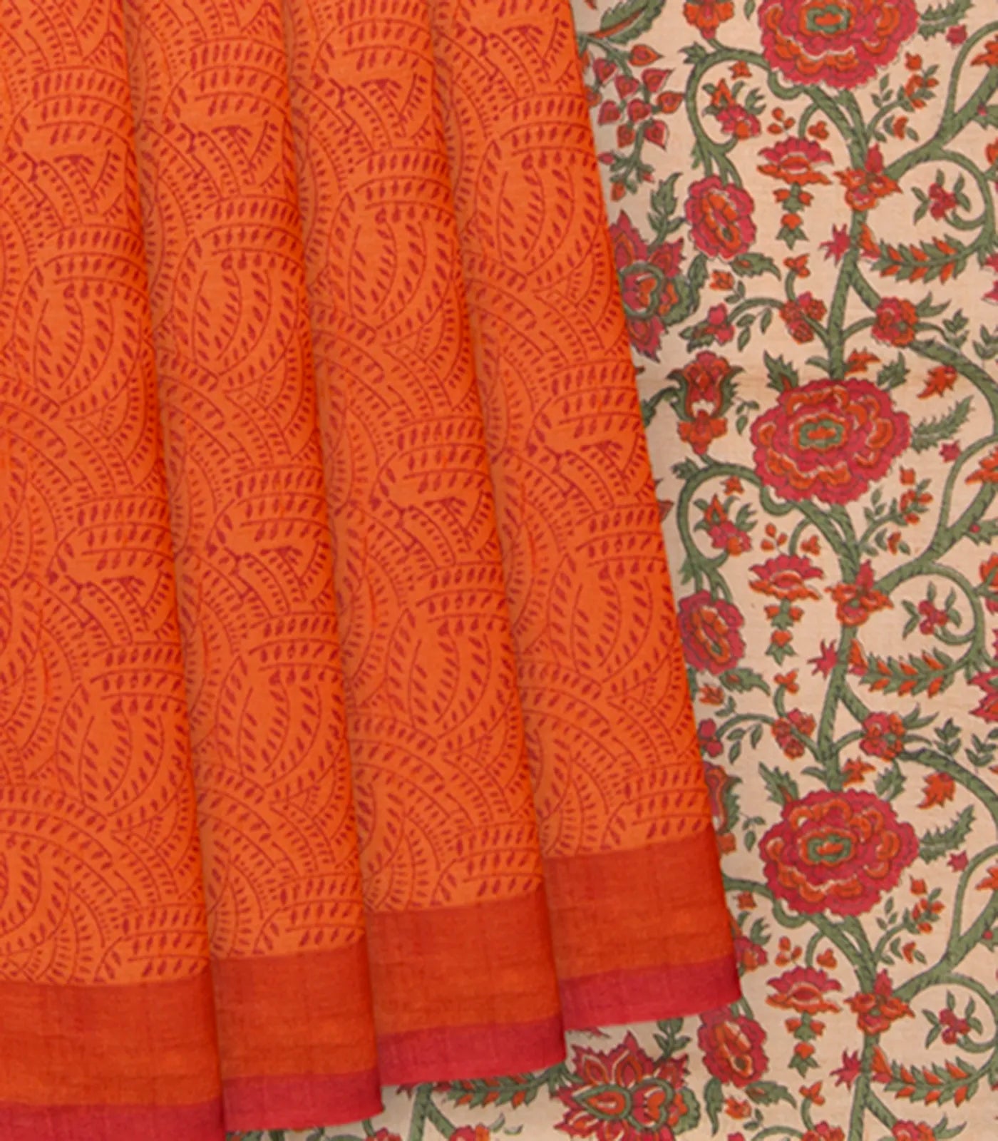 RmKV Orange Tussar Silk Saree With Block Print