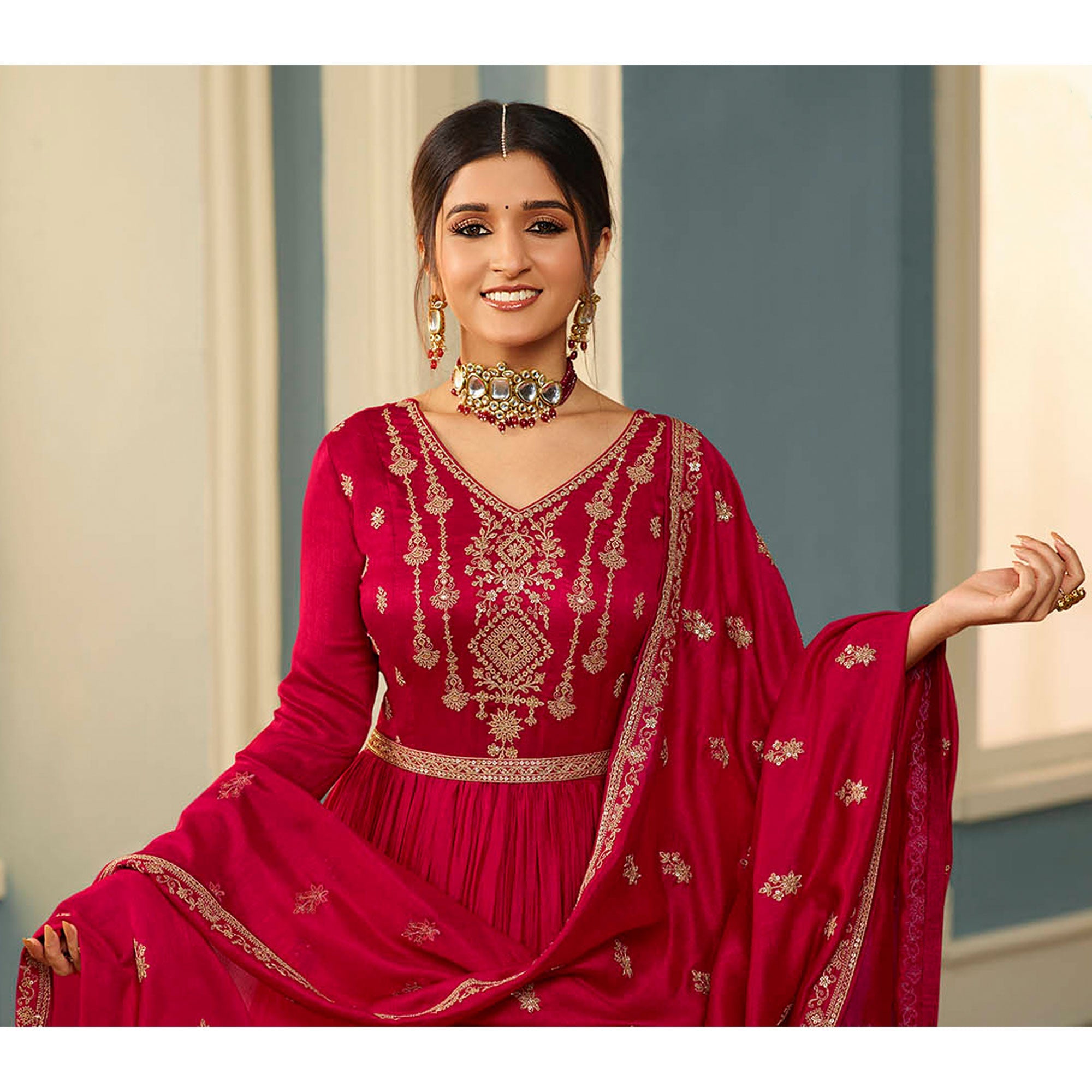 Peachmode Seller Magenta Pink Embroidered Georgette Gown - view 4