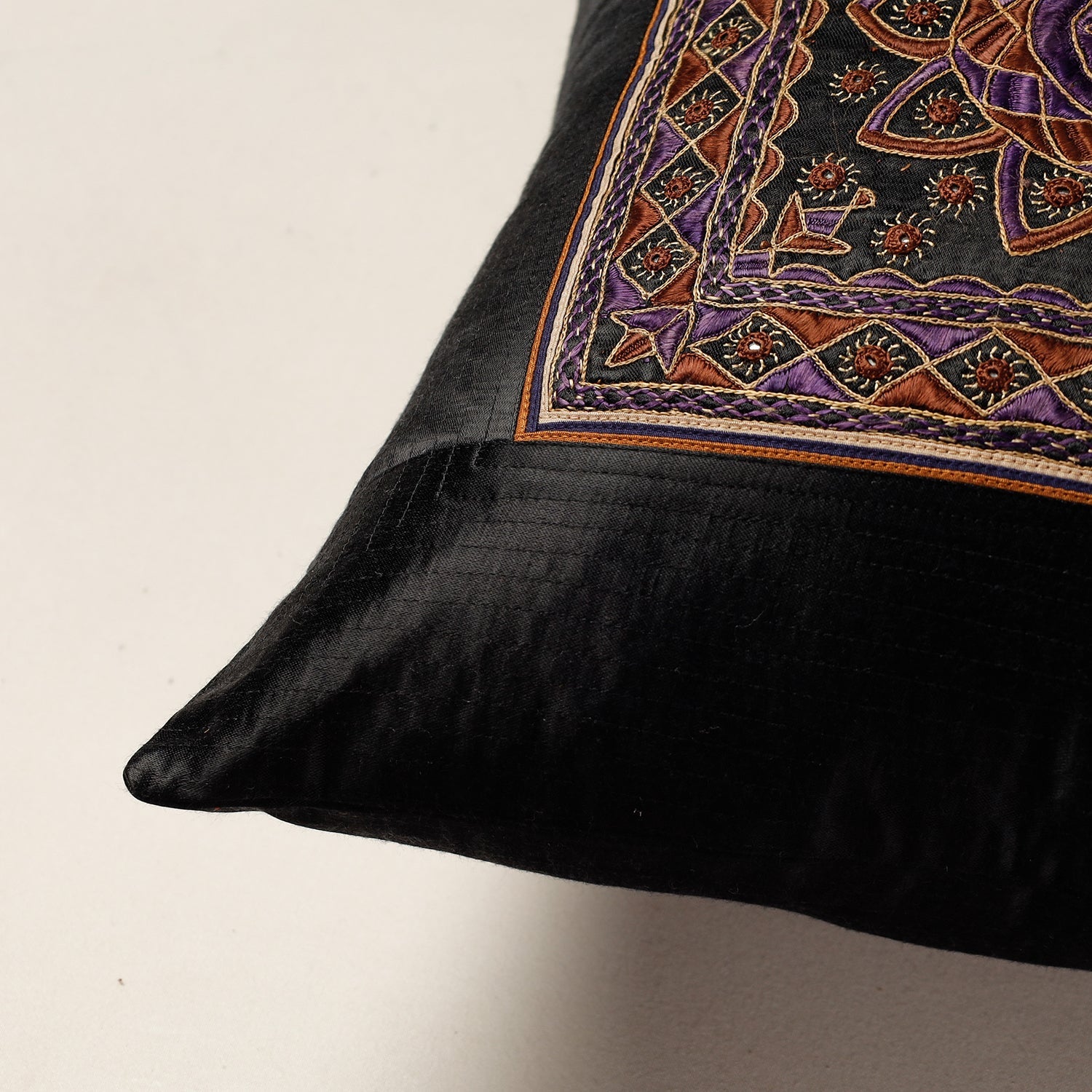 QASAB Black - Kutch Pakko Bherni Hand Embroidery Mashru Silk Cushion Cover (15.5 x 15.5 in) - view 2