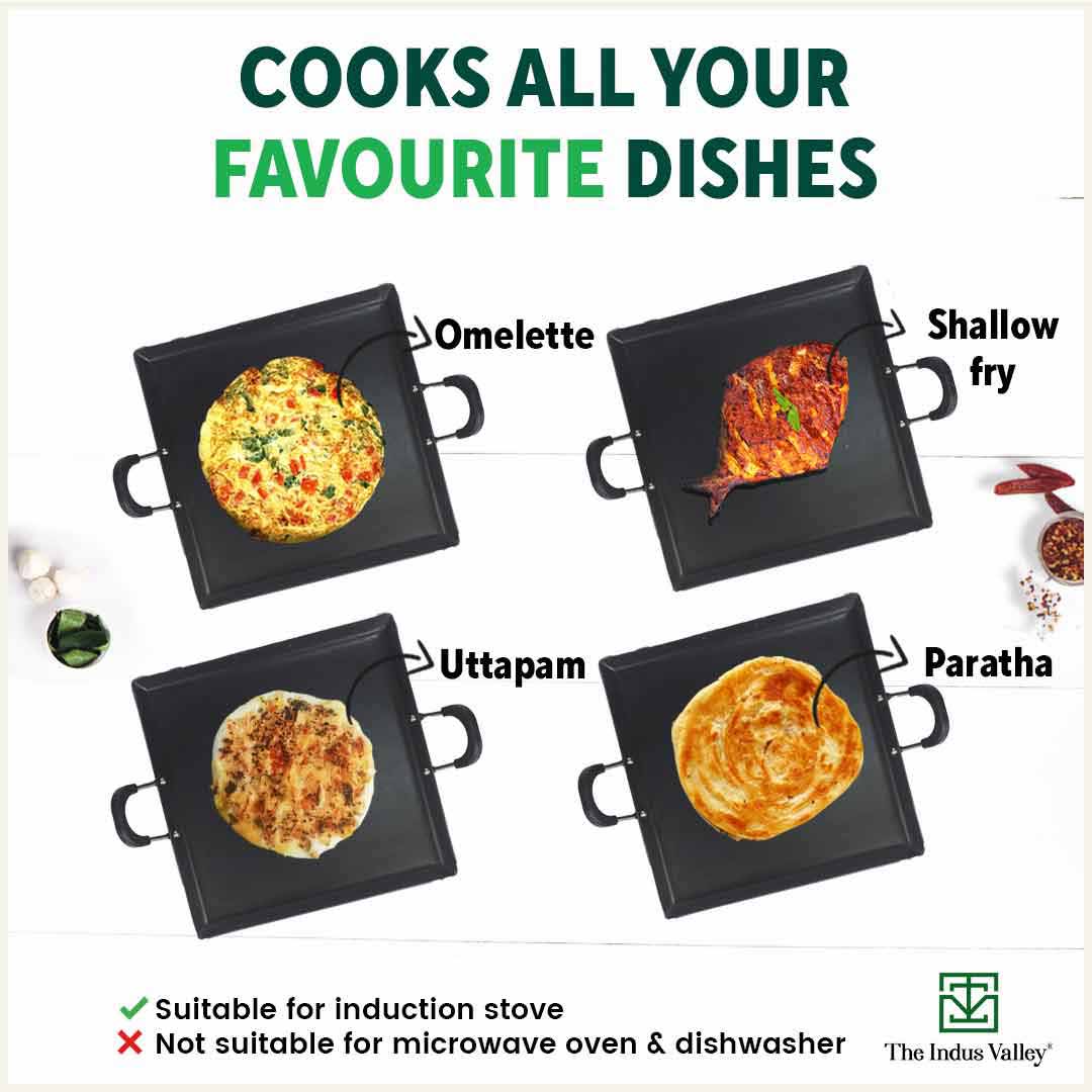 The Indus Valley 100% Pure Sheet Iron Tawa, Square, Cool Bakelite Handle, Seasoned, Toxin-free, Induction, 29.5cm, 1.88kg - view 11