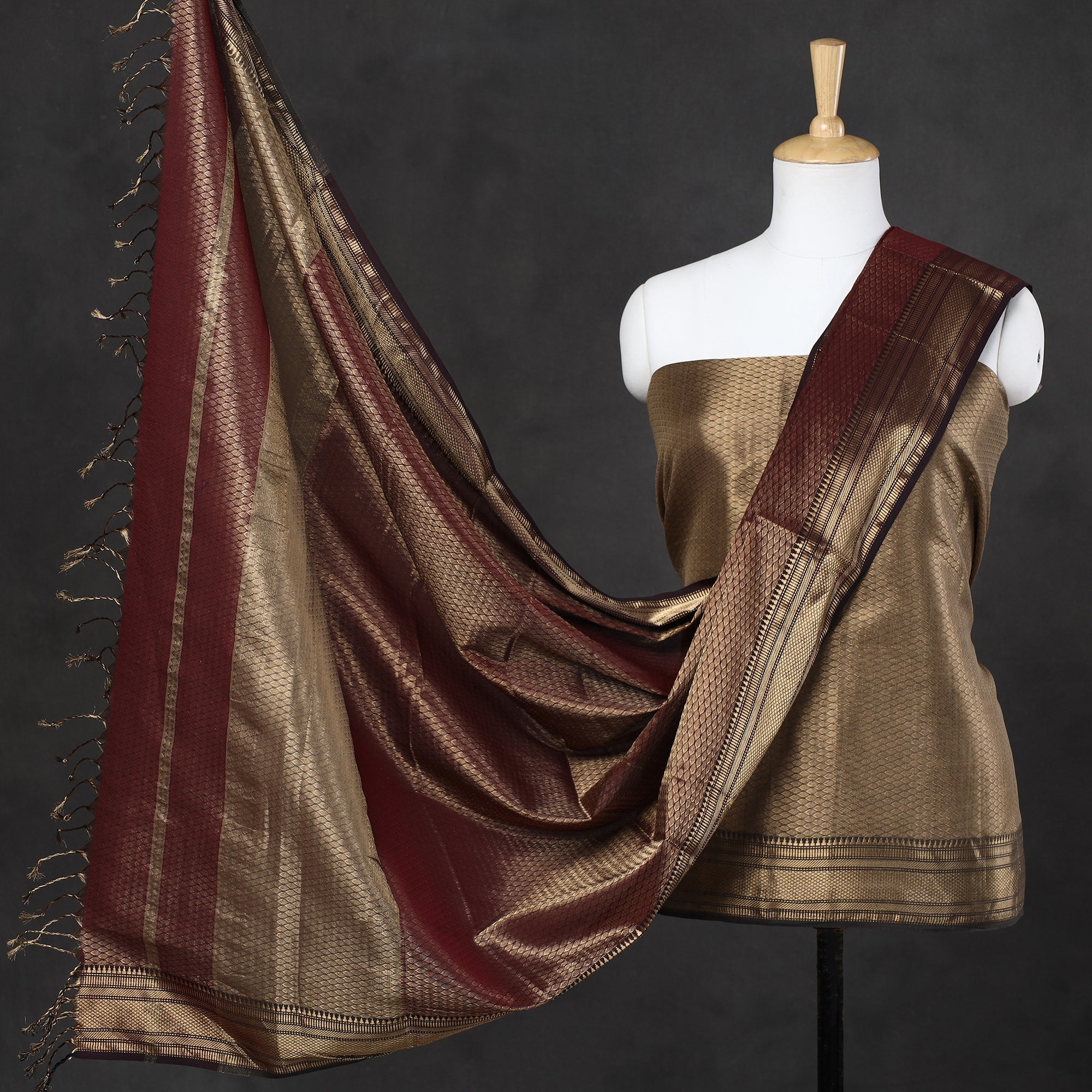 ITOKRI CRAFTS INITIATIVE Brown - 2pc Tissue Zari Handloom Cotton Maheshwari Dress Material