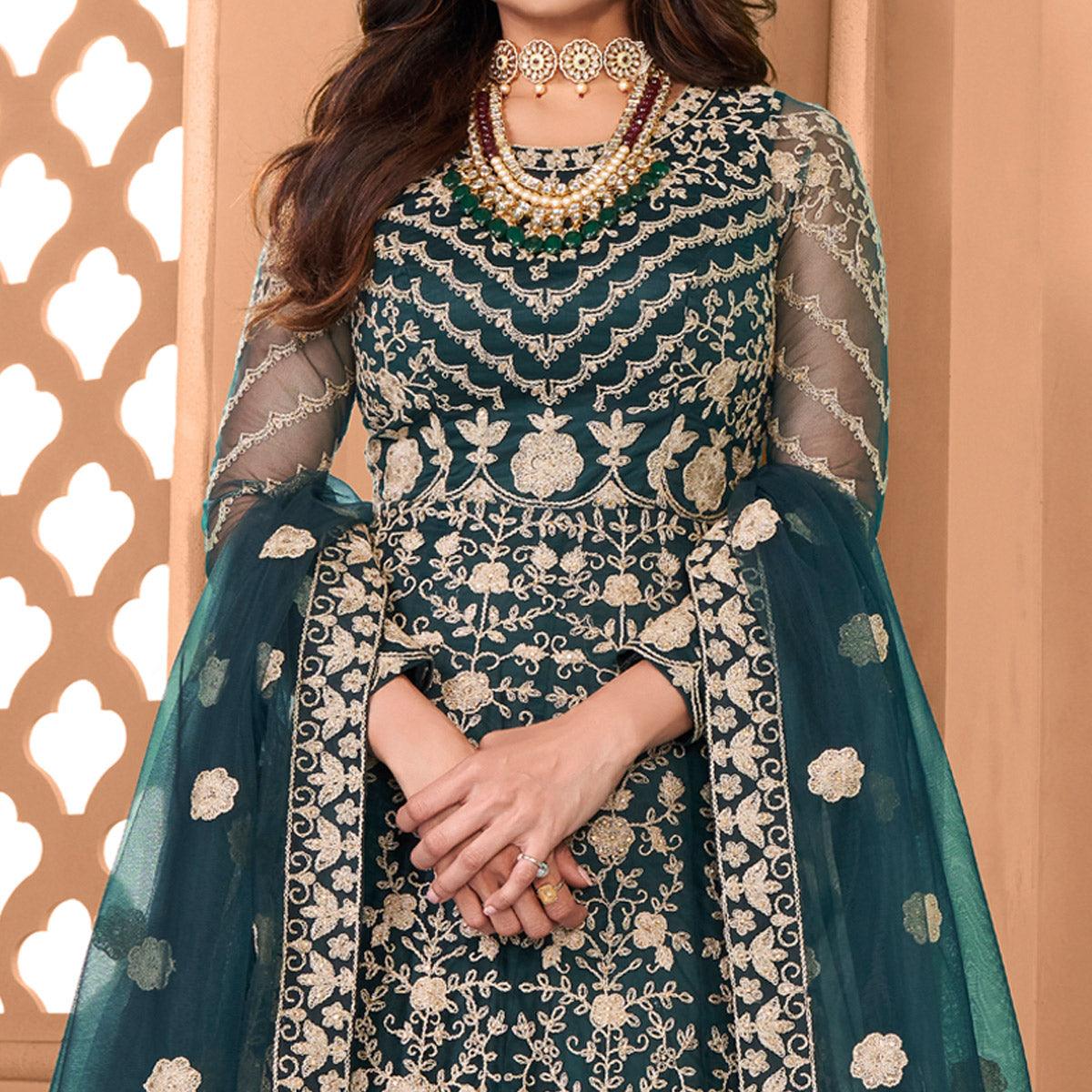 Peachmode Seller Dark Green Partywear Floral Embroidered Net Anarkali Suit - view 3