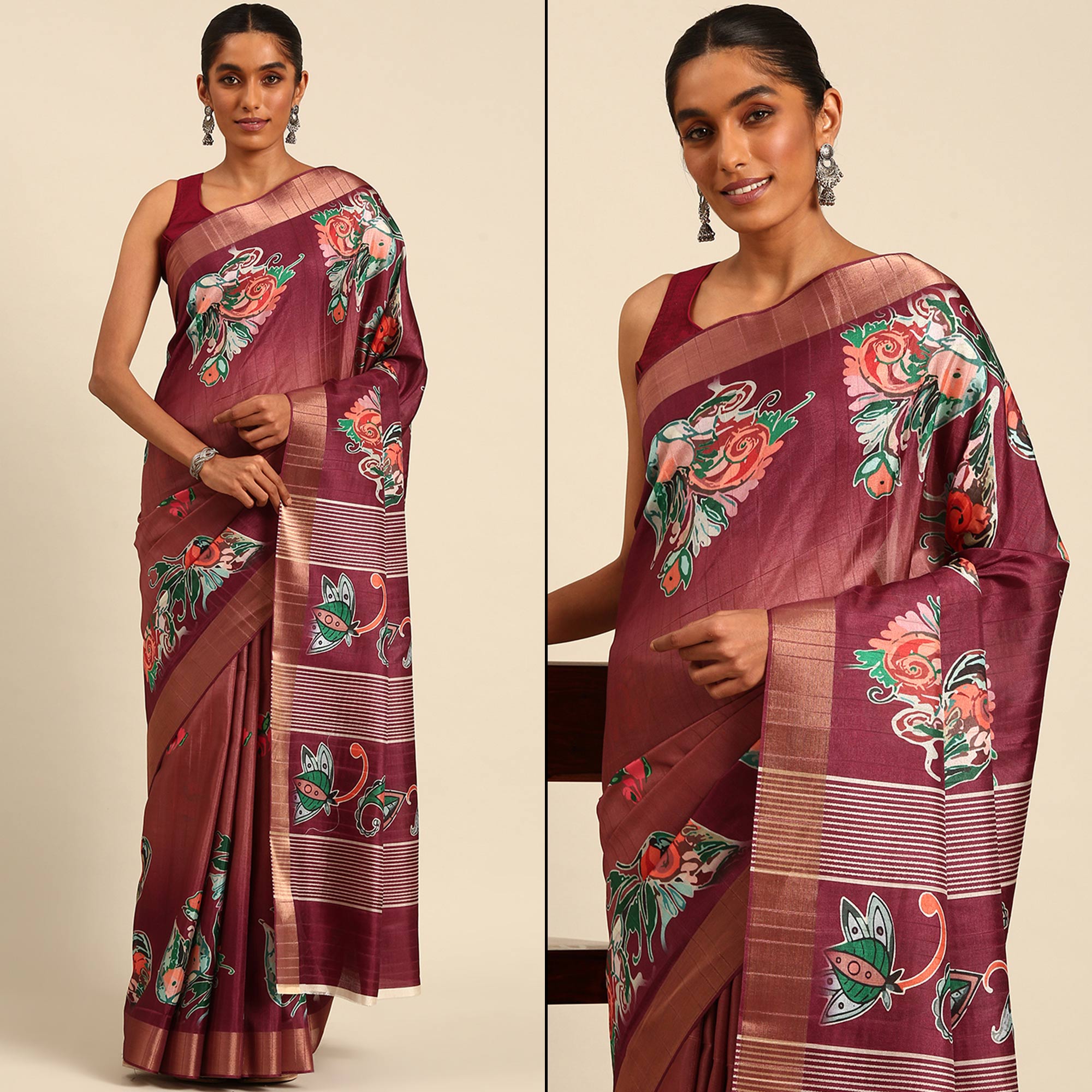Peachmode Maroon Digital Printed Cotton Blend Saree With Woven Border