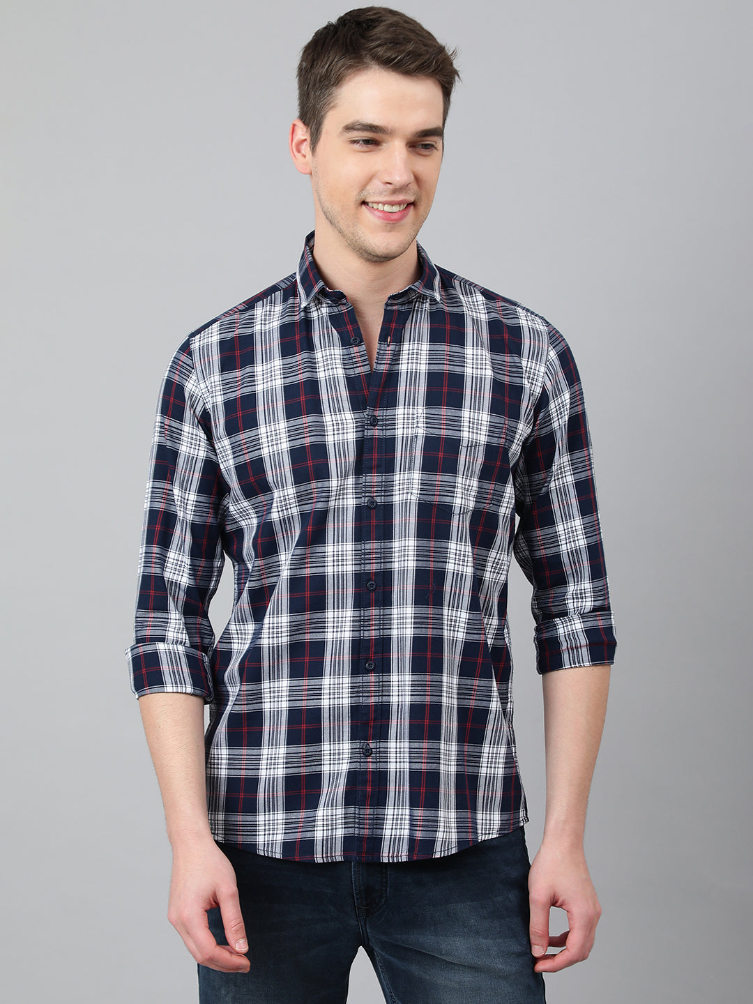 BlackTree Men Navy Standard Fit Checkered Casual Shirt