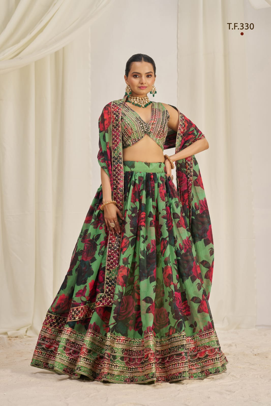 ClothsVilla Parrot Green Printed Organza Semi-Stitch Lehenga Choli with Zari, Dori, and Sequins Work