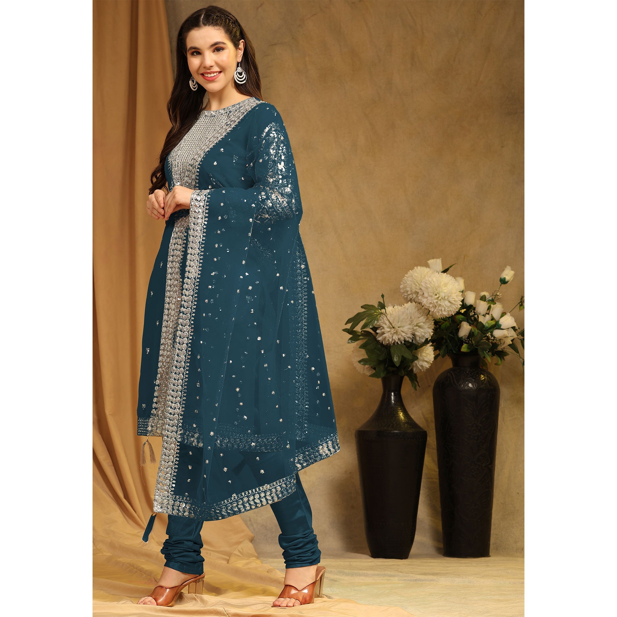 Peachmode Morpich Sequins Embroidered Georgette Semi Stitched Salwar Suit - view 4