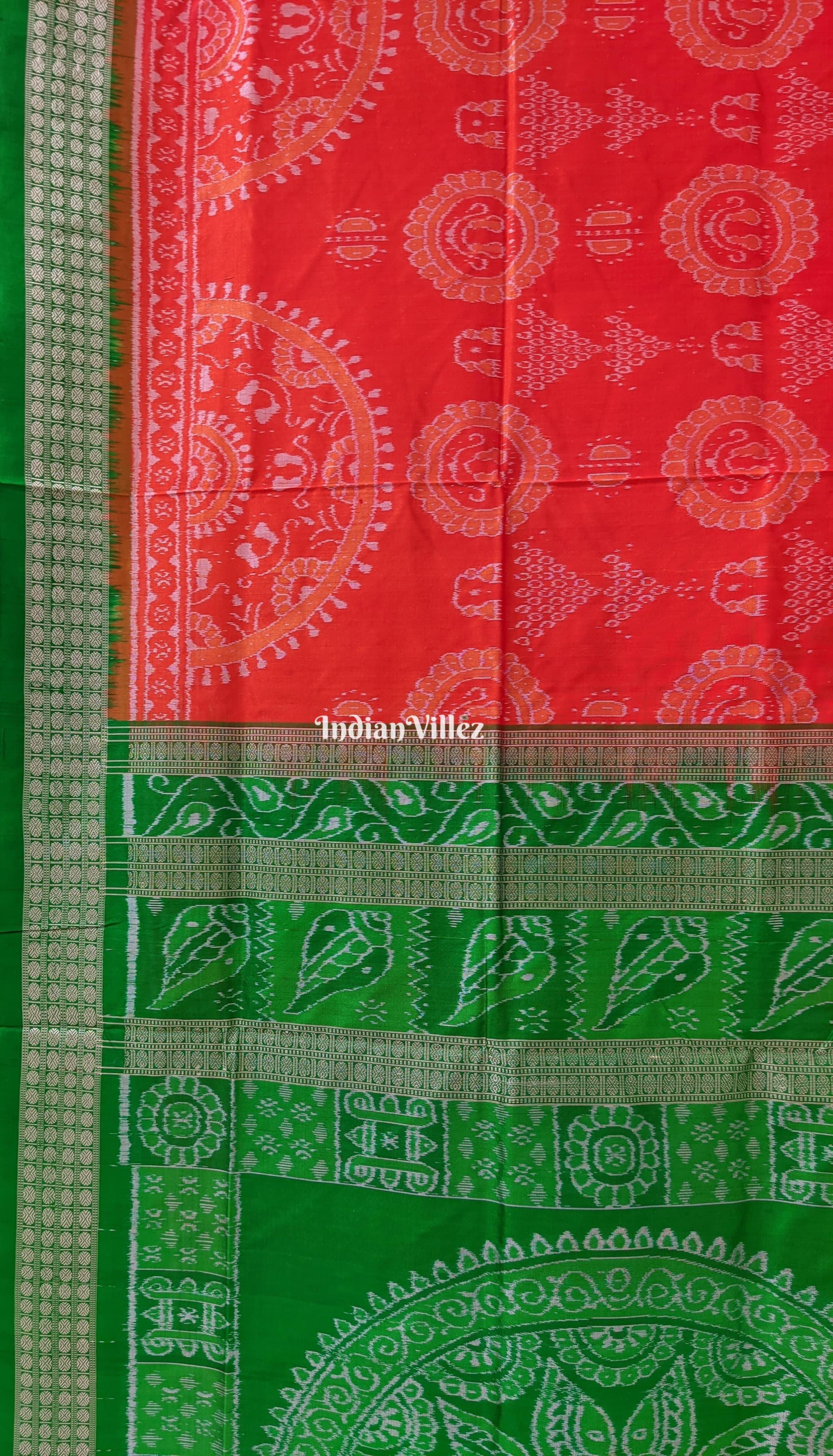 IndianVillèz Orange Green Laxmi Pada Jhoti Design Sambalpuri Ikat Bomkai Silk Saree - view 3