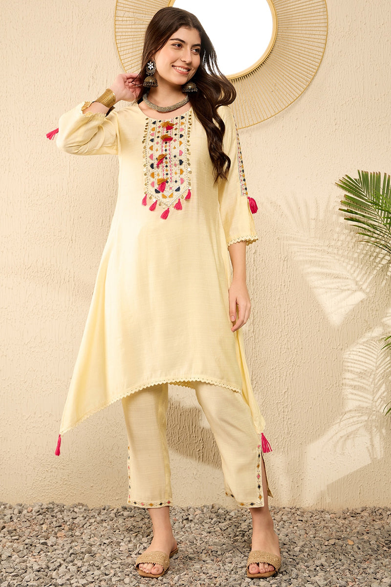 Ahika Yellow Viscose Rayon Solid Embroidered A-Line Trouser Kurta Set VKSET1529