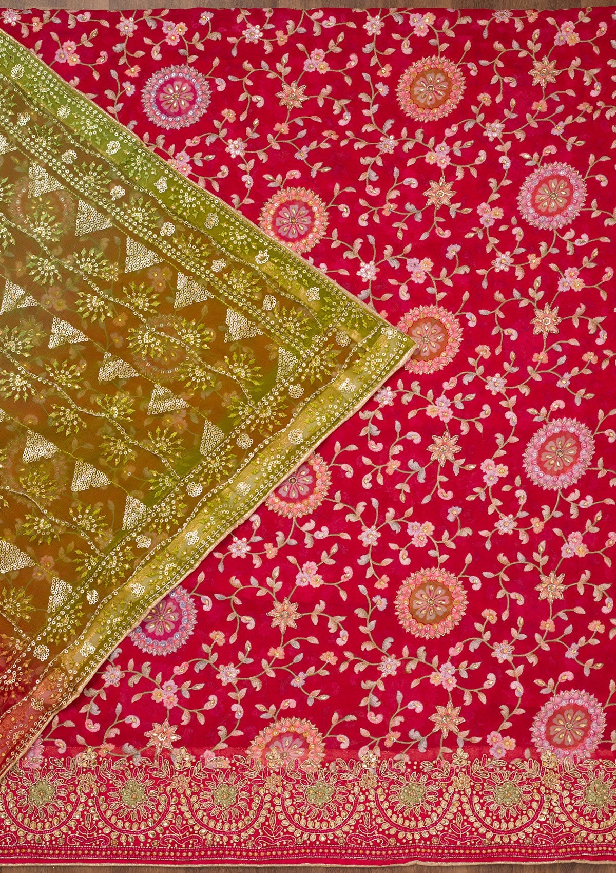 Koskii Red Threadwork Semi Crepe Unstitched Salwar Suit - view 3