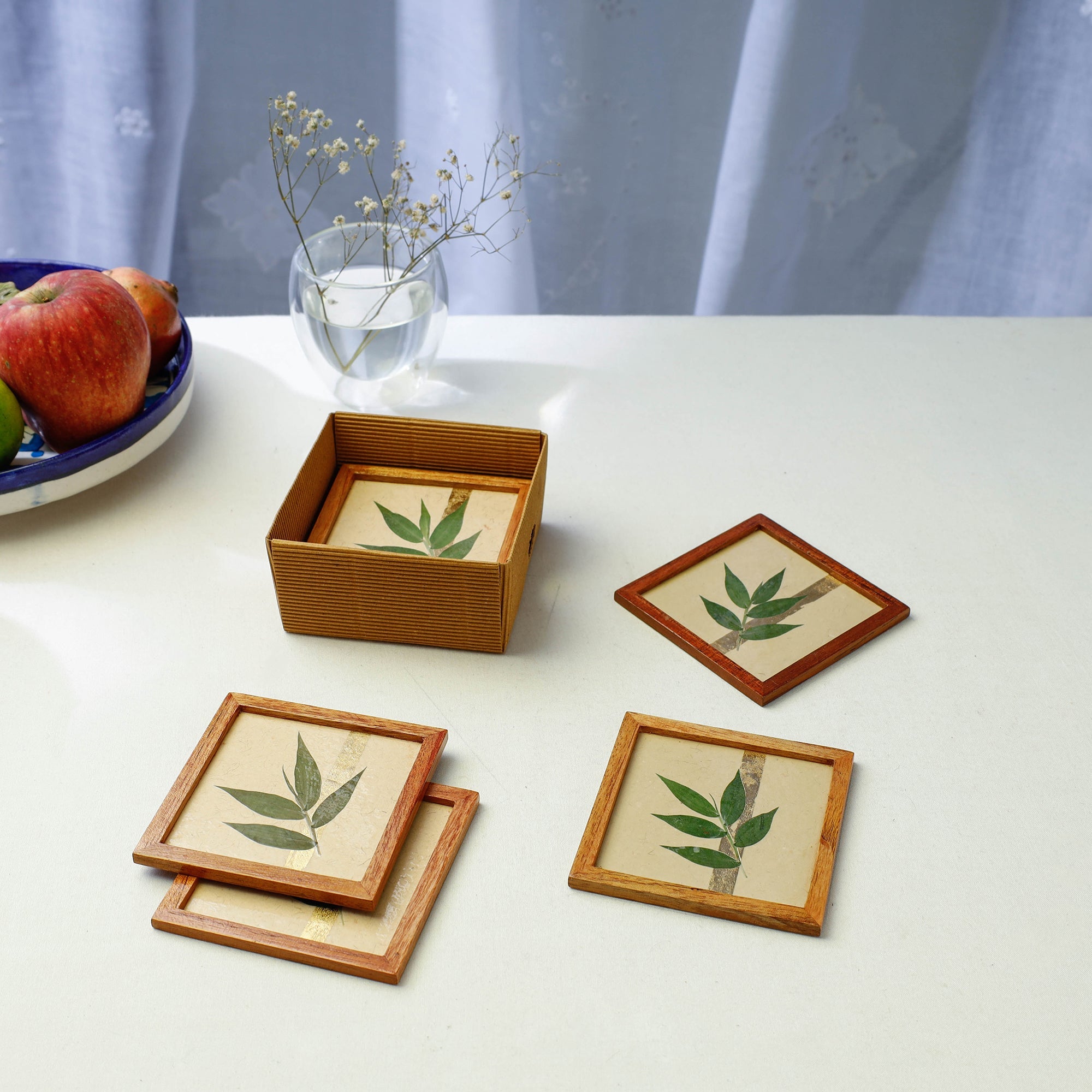 SHRADHANJALI - AN AUROVILLE UNIT Bamboo Art Work Wooden Square Coasters (Set of 6)