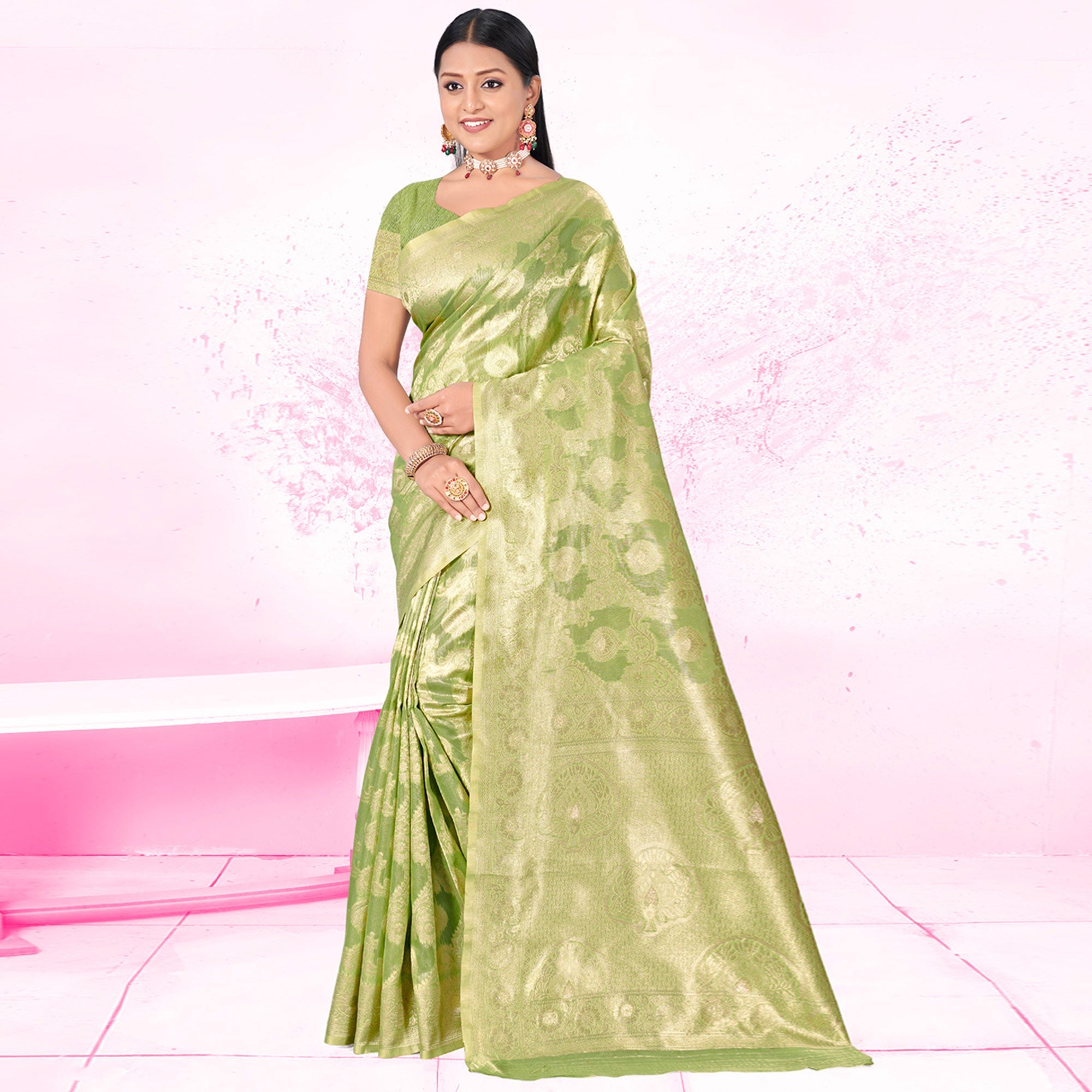 Peachmode Light Green Woven Cotton Blend Saree - view 2