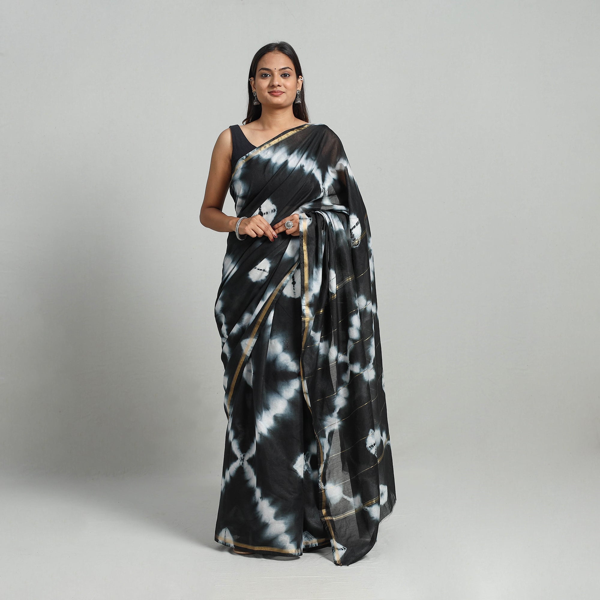 ARTISAN HAND BLOCK PRINTS Black - Tie & Dye Chanderi Silk Shibori Saree with Zari Border 07