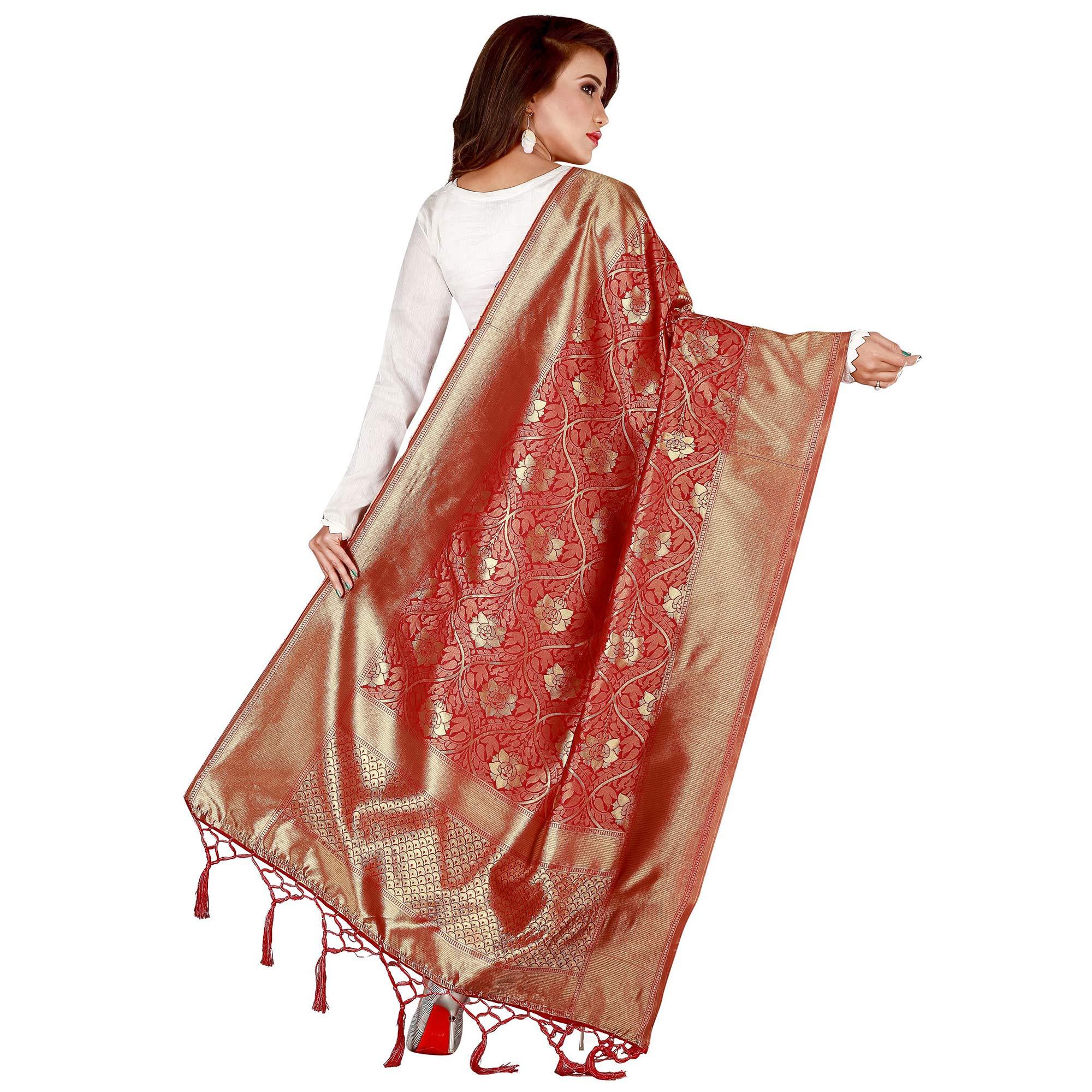 Peachmode Seller Jazzy Red Colored Festive Wear Banarasi Silk Dupatta - view 4