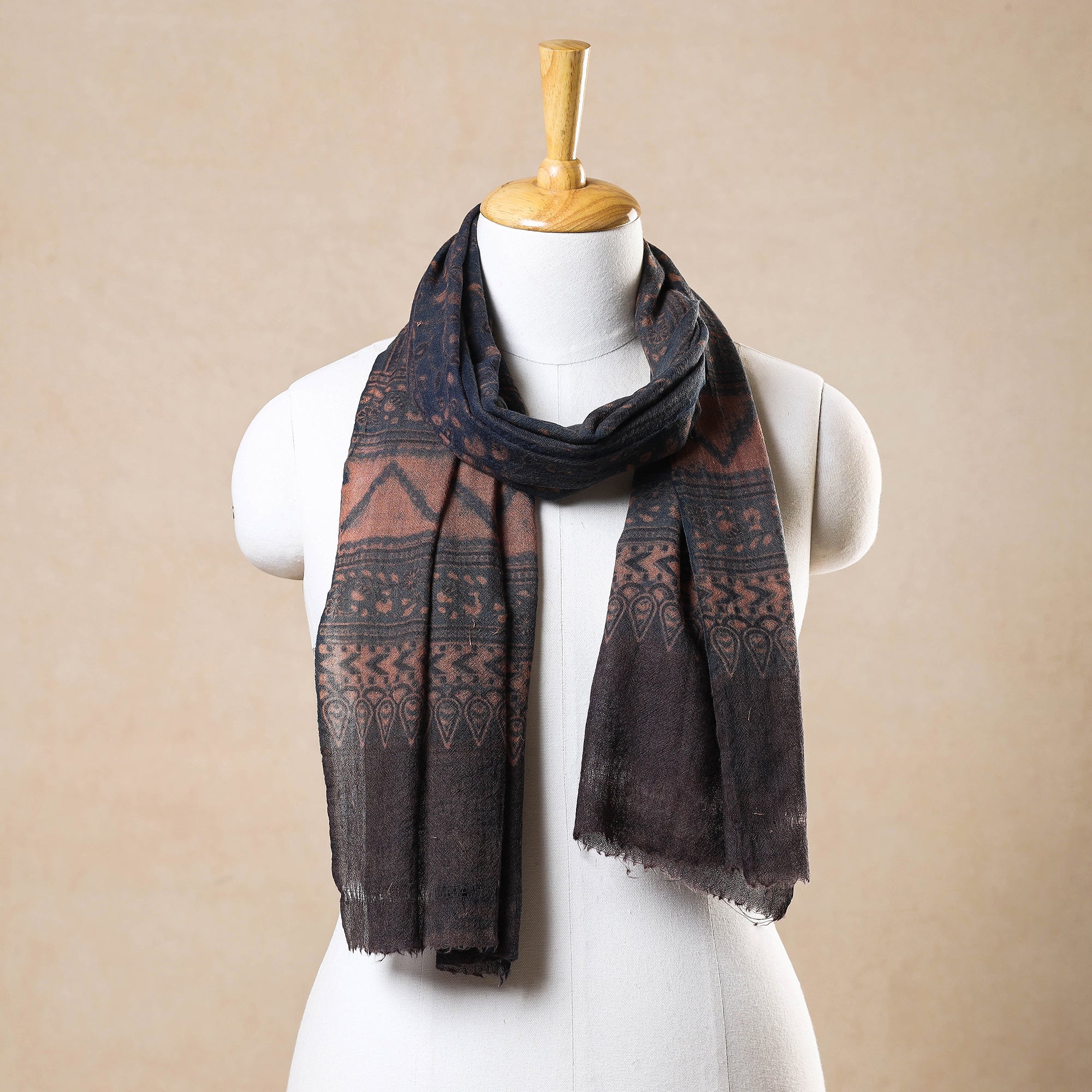 AJRAKH BY JABBAR KHATRI Brown - Ajrakh Hand Block Printed Pure Woolen Stole