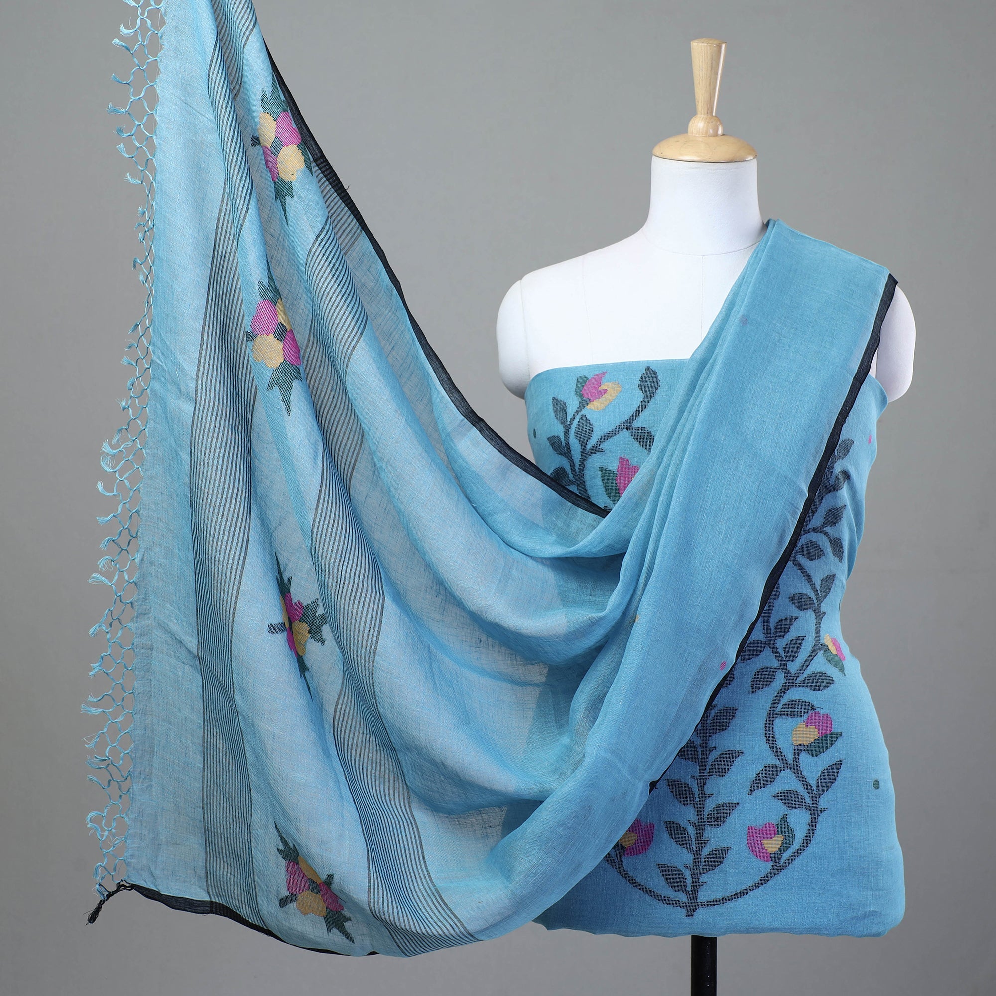 KHUSHBASH - HAPPY LOOM OF EAST Blue - 2pc Phulia Jamdani Weave Handloom Linen Suit Material Set