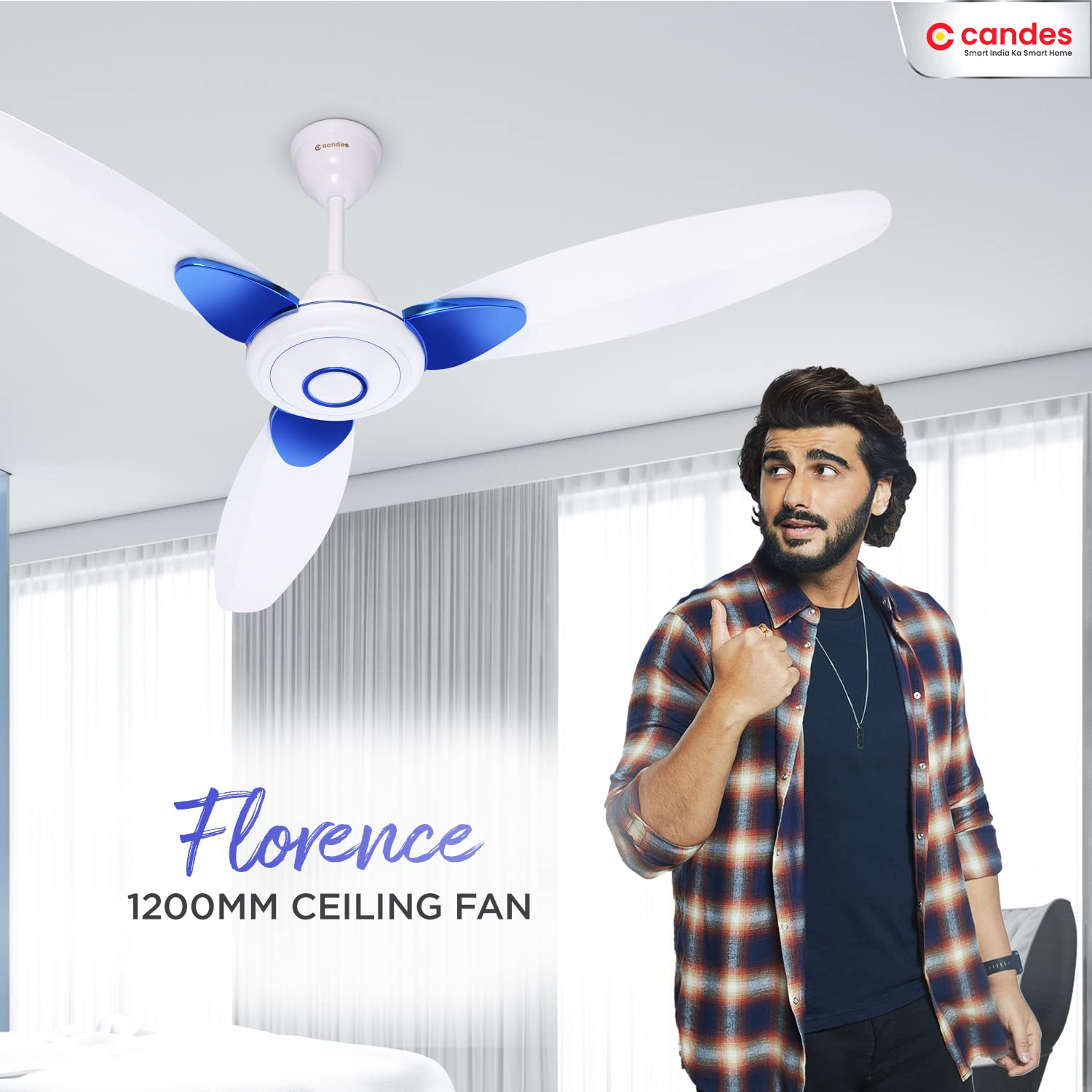 Candes Florence 1200mm/48 inch High Speed Anti-dust Decorative 5 Star Rated Ceiling Fan( 100% CNC Winding) 400 RPM (2 Yrs Warranty) (White Blue, Pack - view 2
