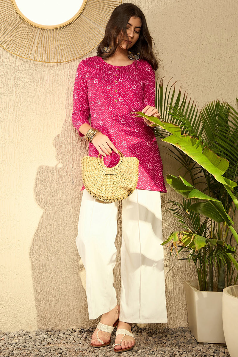 Ahika Pink Cotton Blend Bandhani Printed Regular Tunic VT1289 - view 2