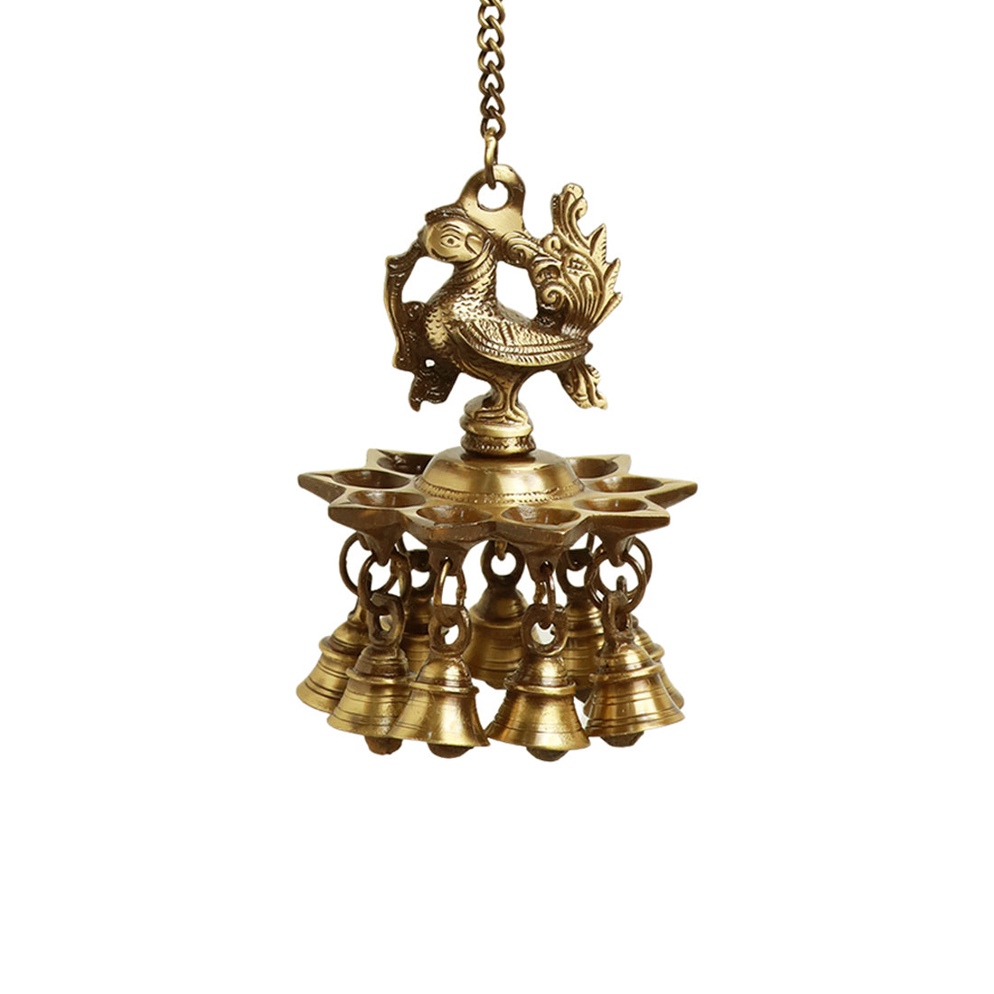 EXCLUSIVELANE 'Paradise Peacock' Hand-Etched Decorative Hanging Diya with Bell In Brass (9 Diyas & Bells) - view 3