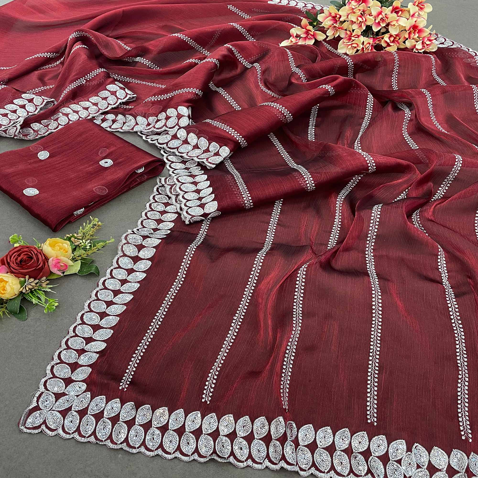 Peachmode Maroon Sequins Embroidered Chiffon Silk Saree