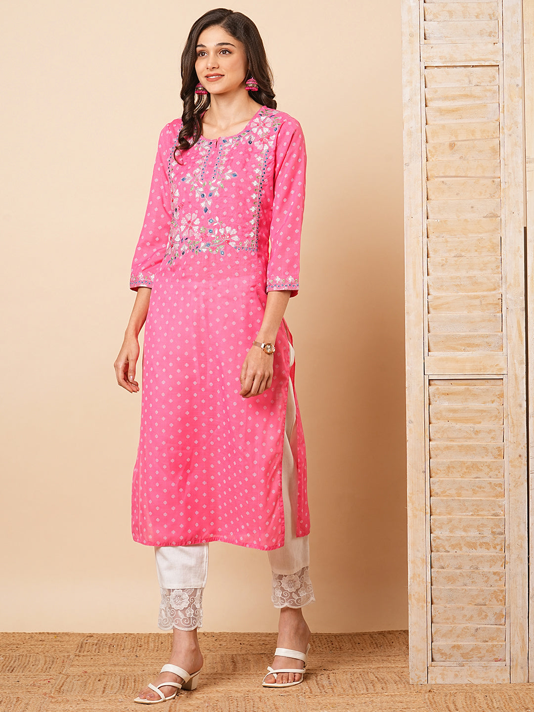 FASHOR Ethnic Khari Printed & Embroidered Straight Fit Kurta - Pink - view 3