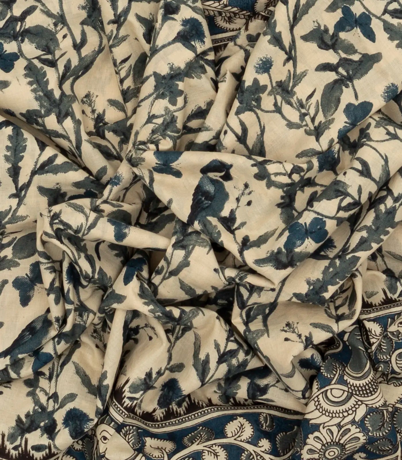 RmKV Cream Cotton Saree With Blue Kalamkari Print - view 3