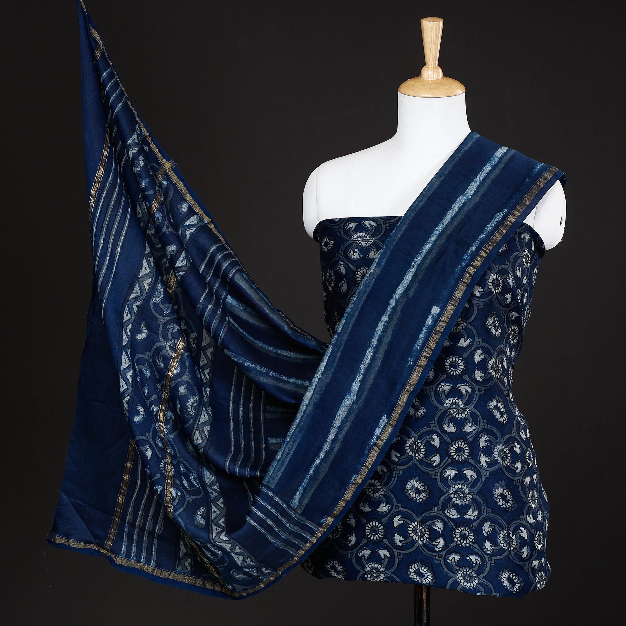 HAVELI CHRONICLES Blue - 3pc Akola Block Printed Chanderi Silk Suit Material Set