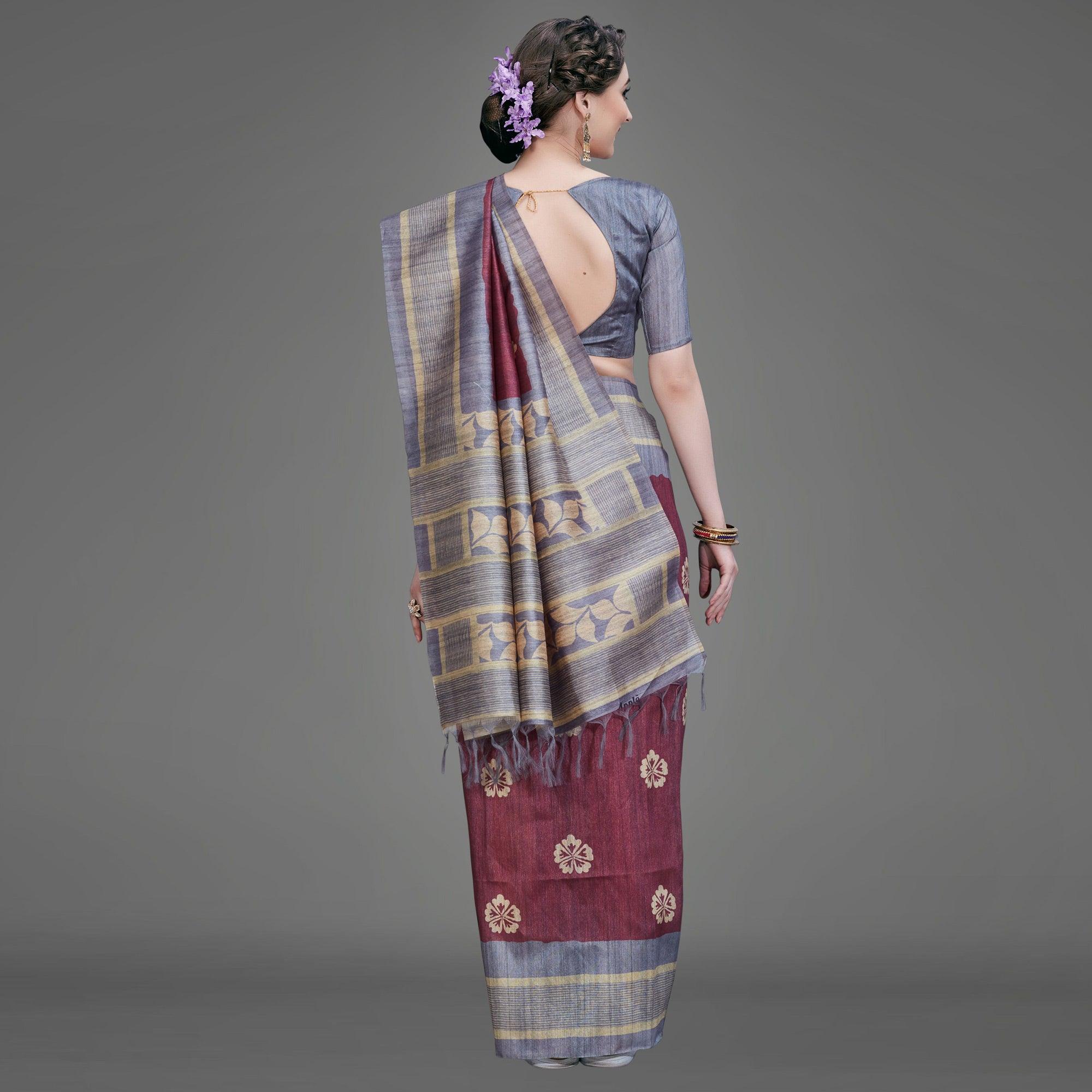 Peachmode Maroon Casual Art Silk Printed Saree With Unstitched Blouse - view 5