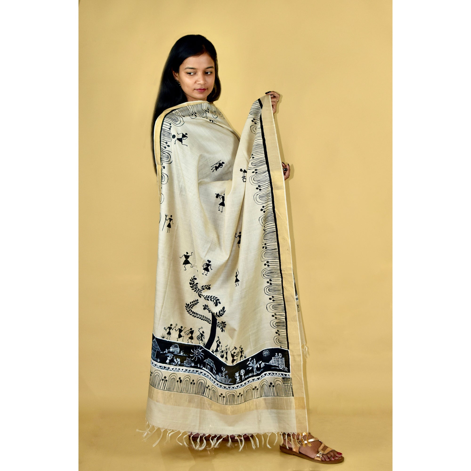 DIORAMA DESIGNS Beige - Warli Hand-painted Traditional Tussar Silk Dupatta - view 2
