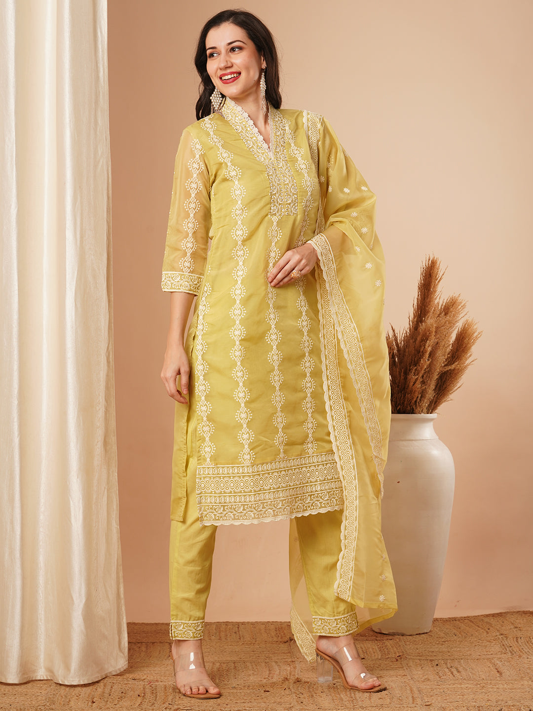 FASHOR Ethnic Chikankari Embroidered Straight Fit Kurta with Pant and Dupatta - Green